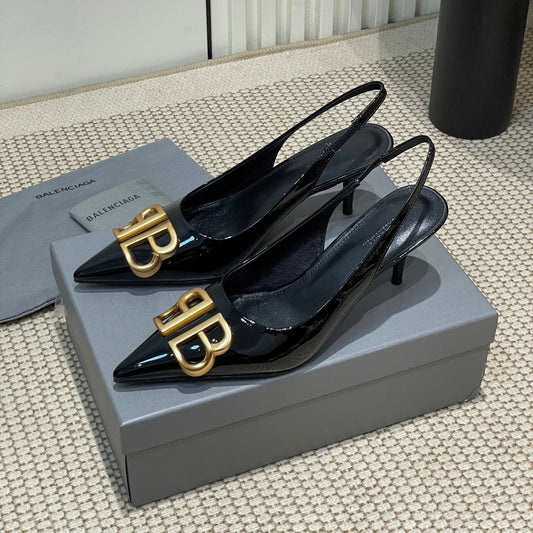 POINTED BB GOLD BUCKLE HIGH SLINGBACK 60MM IN BLACK PATENT CALFSKIN - 35