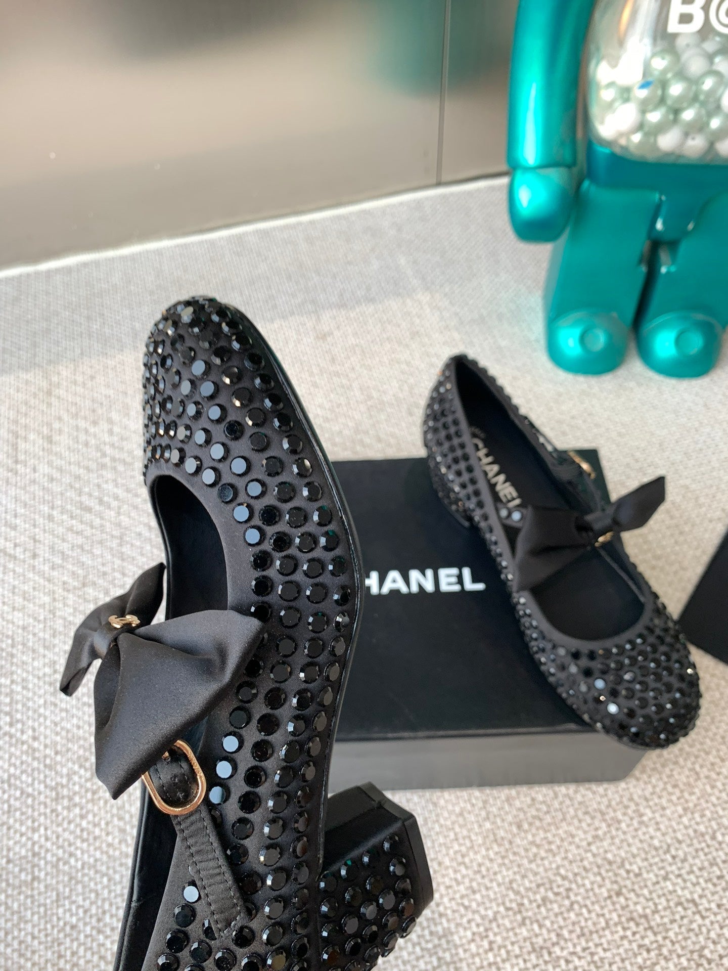CC MARY JANES SHOES IN BLACK SATIN WITH RHINESTONES - 35