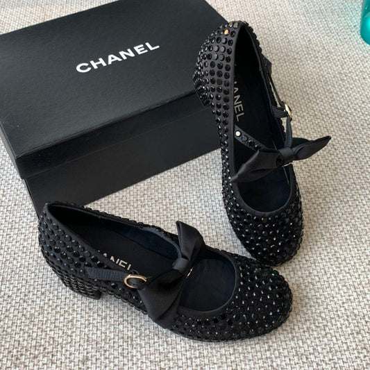 CC MARY JANES SHOES IN BLACK SATIN WITH RHINESTONES - 35