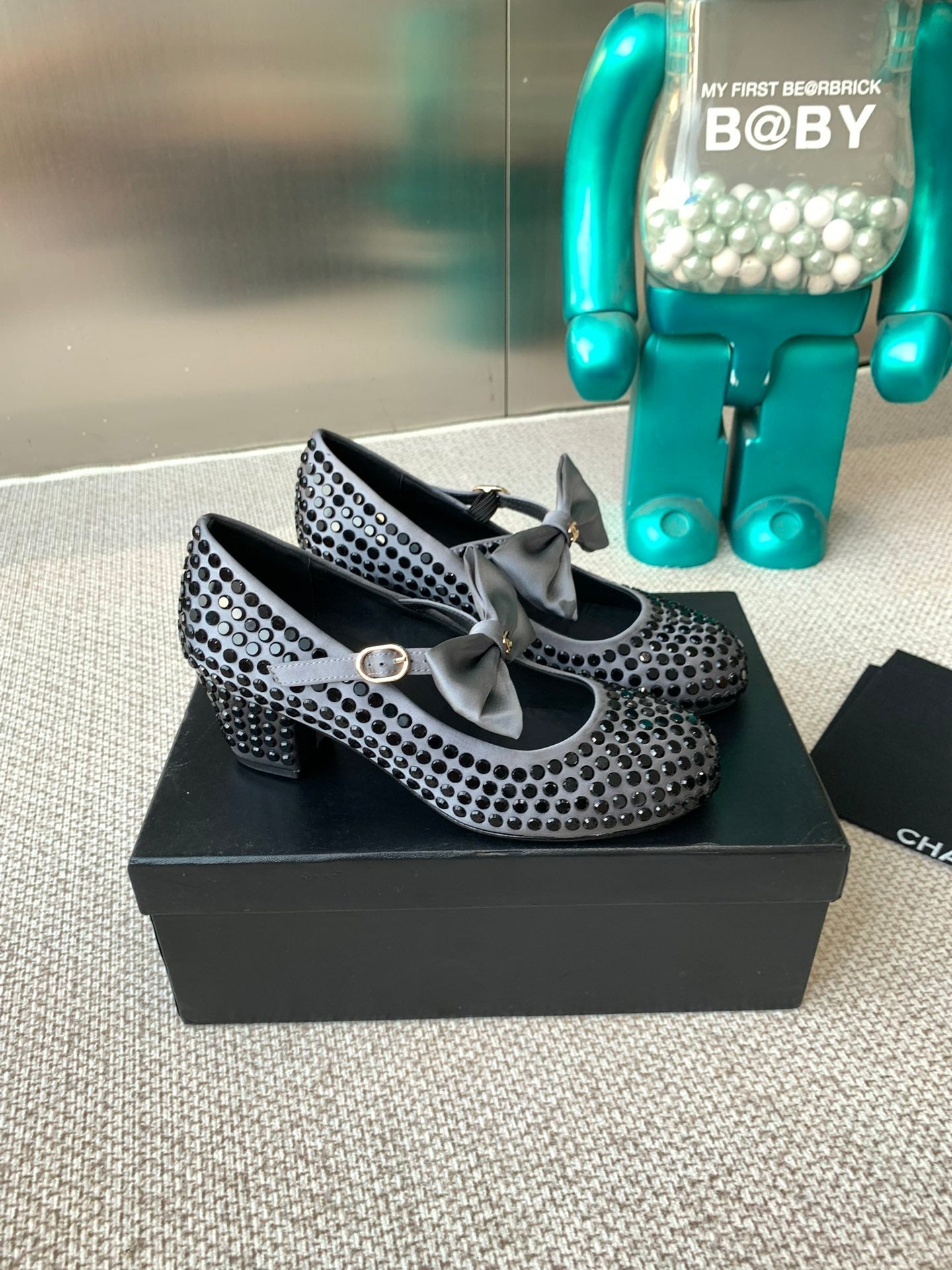 CC MARY JANES SHOES IN STEEL GRAY SATIN WITH BLACK RHINESTONES - 35