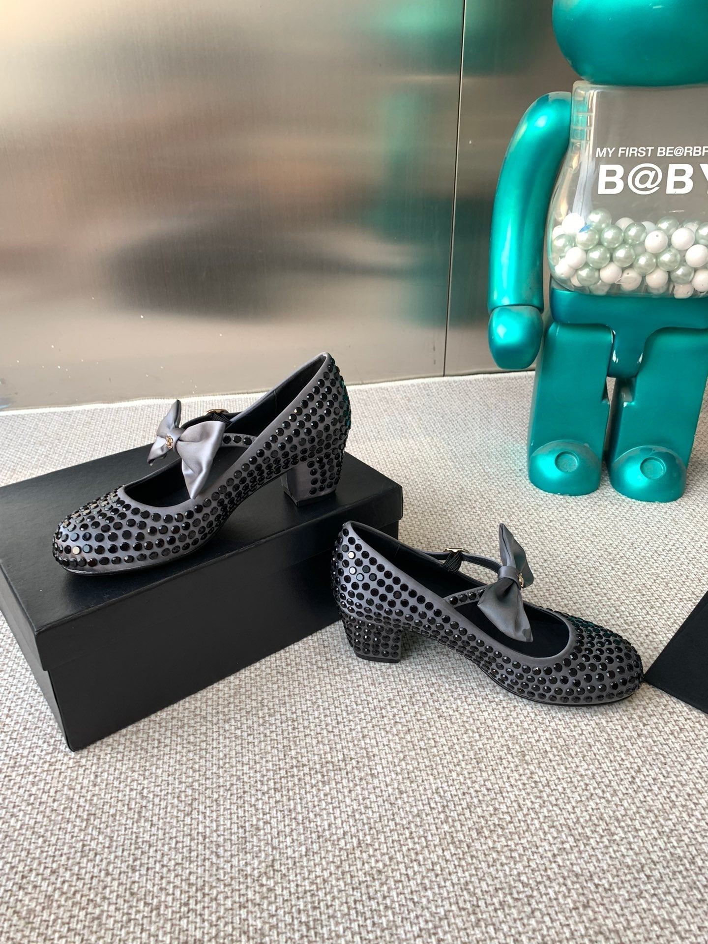 CC MARY JANES SHOES IN STEEL GRAY SATIN WITH BLACK RHINESTONES - 35