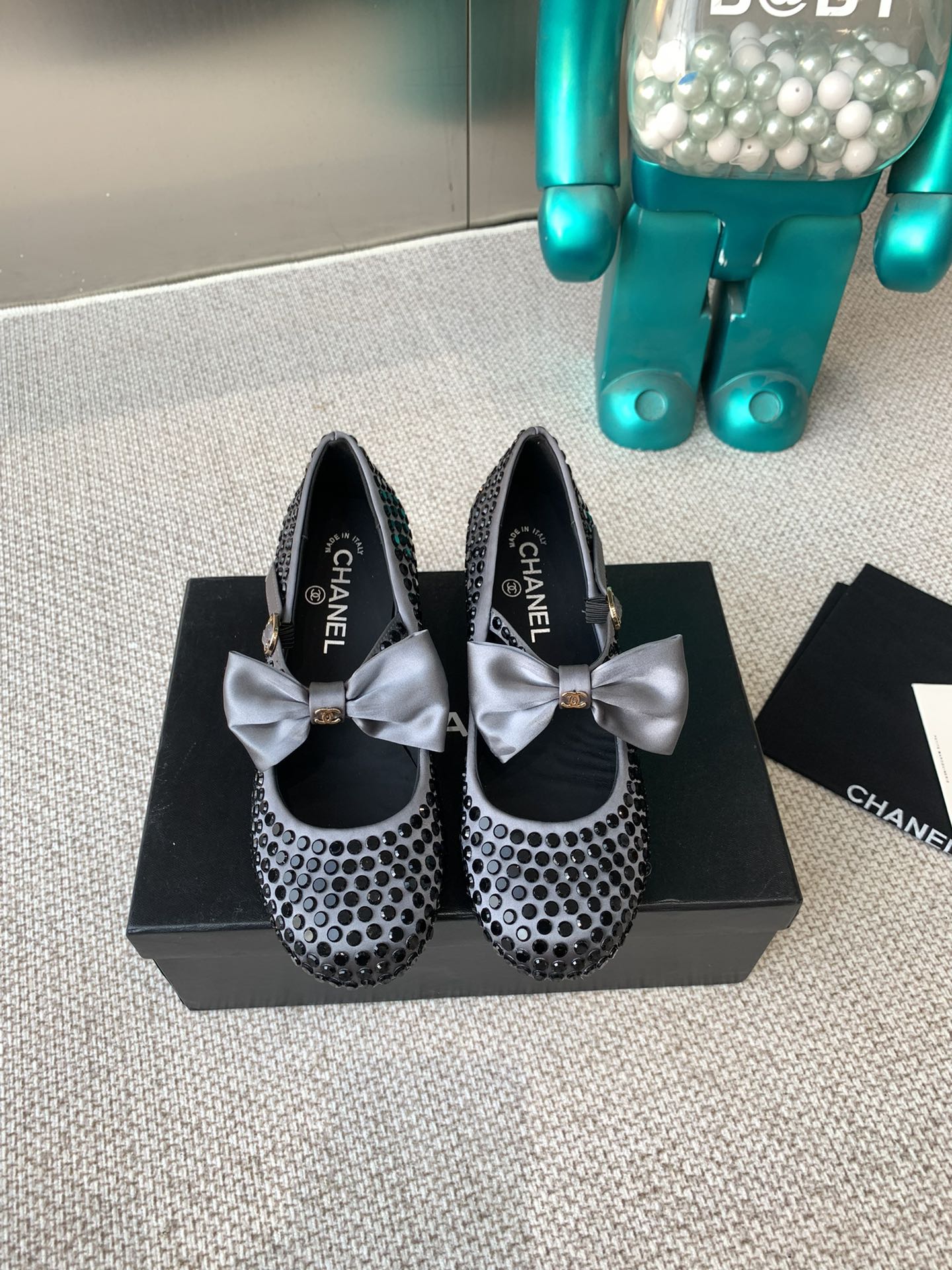 CC MARY JANES SHOES IN STEEL GRAY SATIN WITH BLACK RHINESTONES - 35