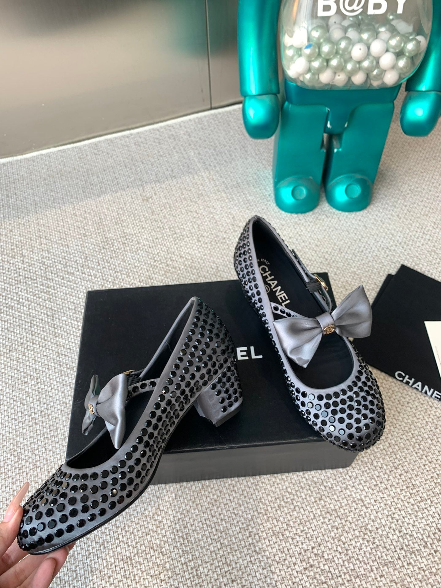 CC MARY JANES SHOES IN STEEL GRAY SATIN WITH BLACK RHINESTONES - 35