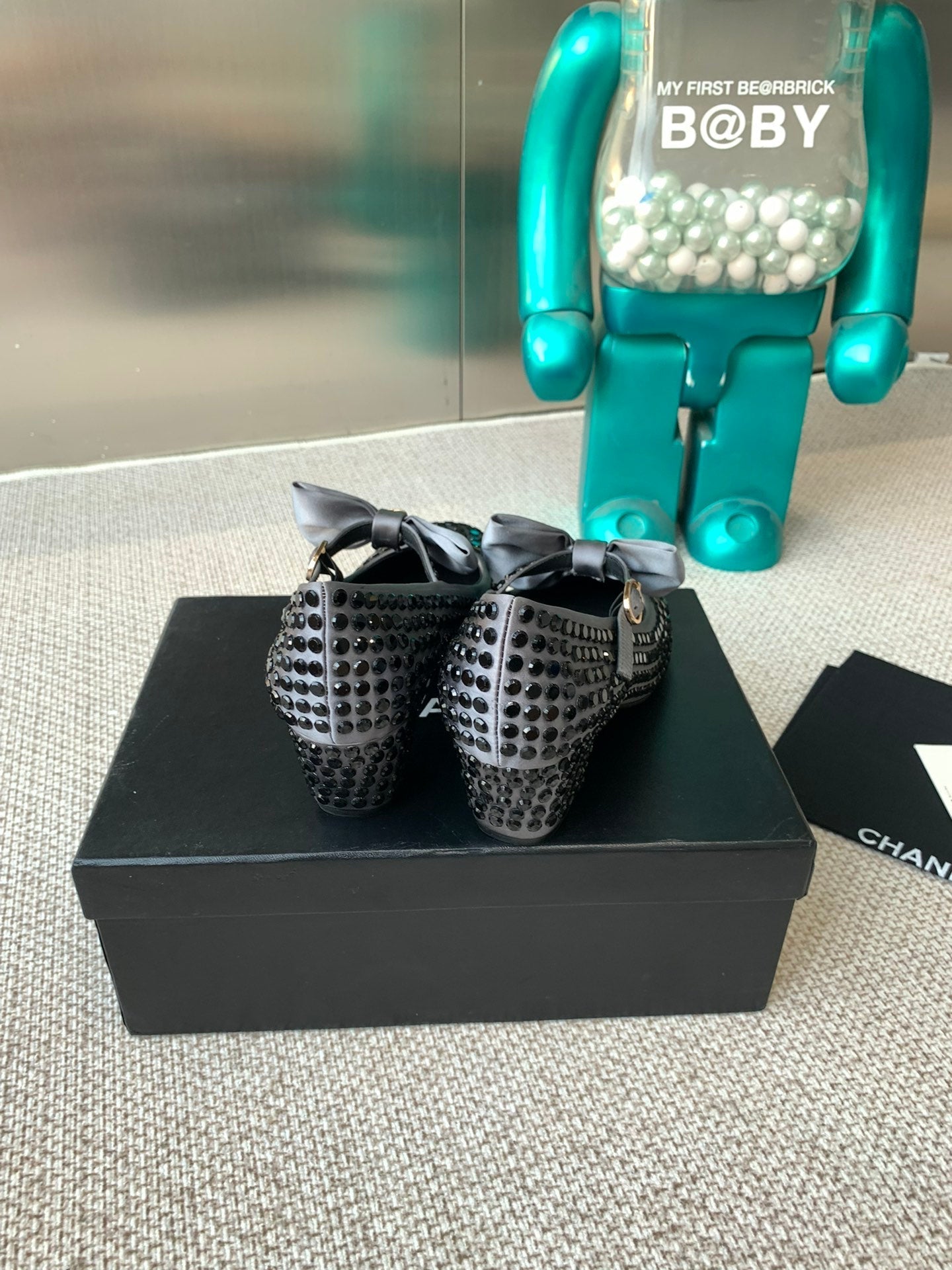 CC MARY JANES SHOES IN STEEL GRAY SATIN WITH BLACK RHINESTONES - 35