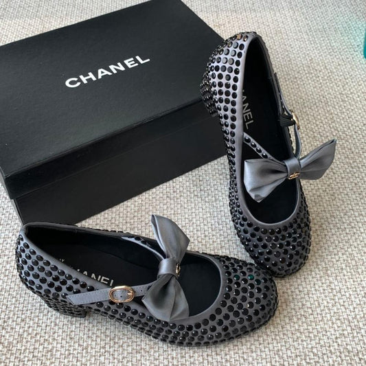 CC MARY JANES SHOES IN STEEL GRAY SATIN WITH BLACK RHINESTONES - 35