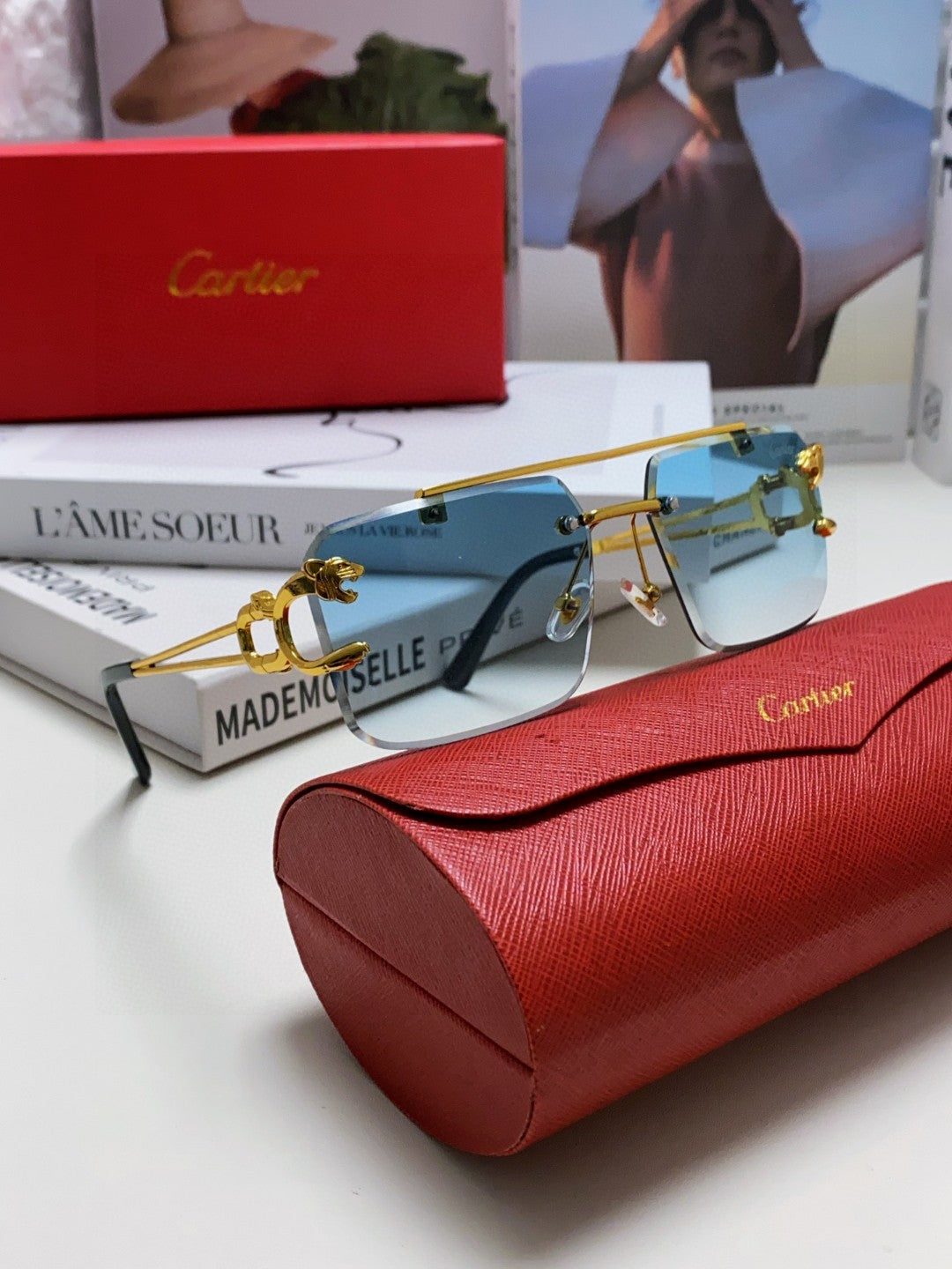 PANTHÈRE RIMLESS RECTANGULAR FRAME SUNGLASSES 543542 IN METAL - Glacier blue