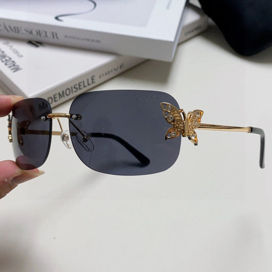 BUTTERFLY EMBELLISHED RIMLESS RECTANGULAR FRAME SUNGLASSES 570245 IN METAL - Black