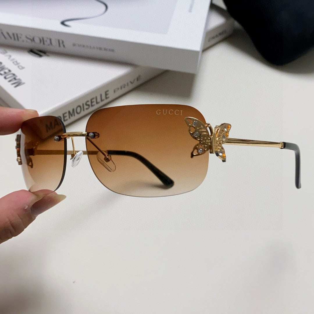 BUTTERFLY EMBELLISHED RIMLESS RECTANGULAR FRAME SUNGLASSES 570245 IN METAL - Black