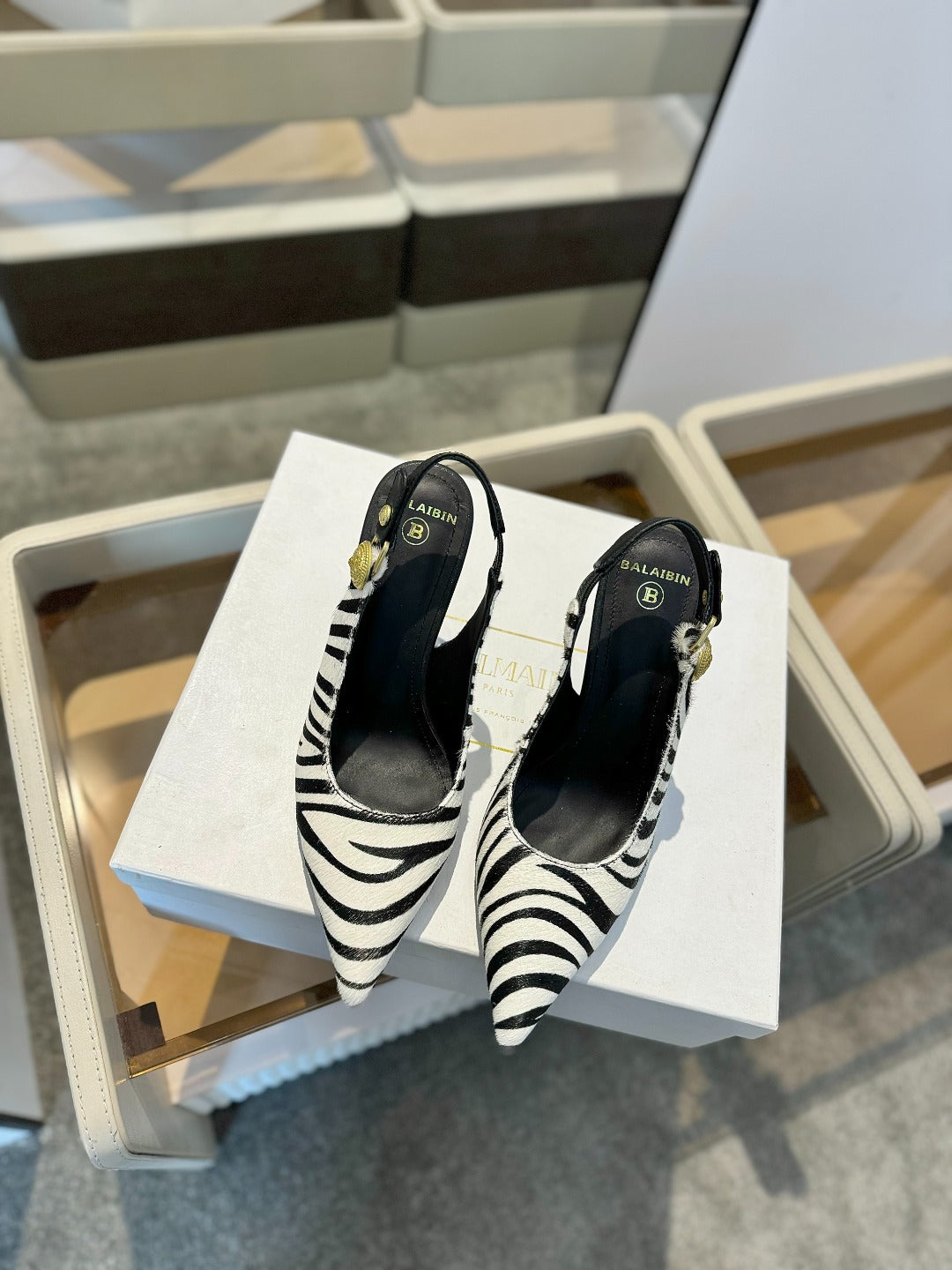 BALMAIN 25S SLINGBACK EVA 95MM IN WHITE AND BLACK ZEBRA PRINT CALFSKIN - 36