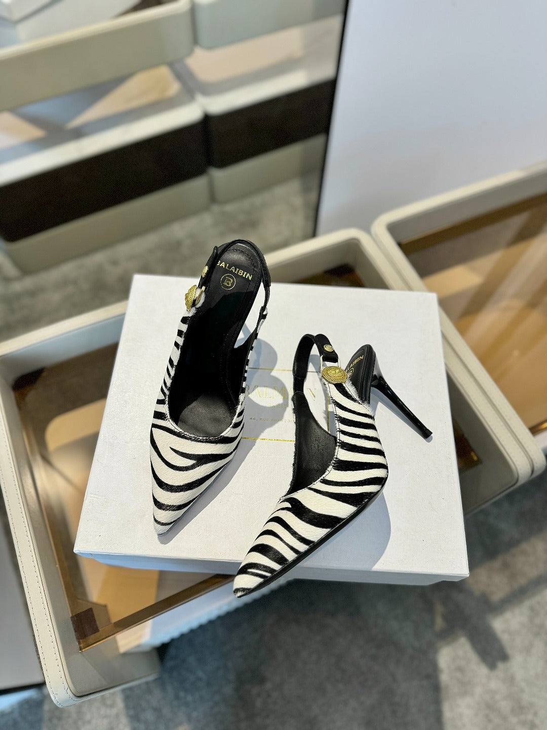 BALMAIN 25S SLINGBACK EVA 95MM IN WHITE AND BLACK ZEBRA PRINT CALFSKIN - 36