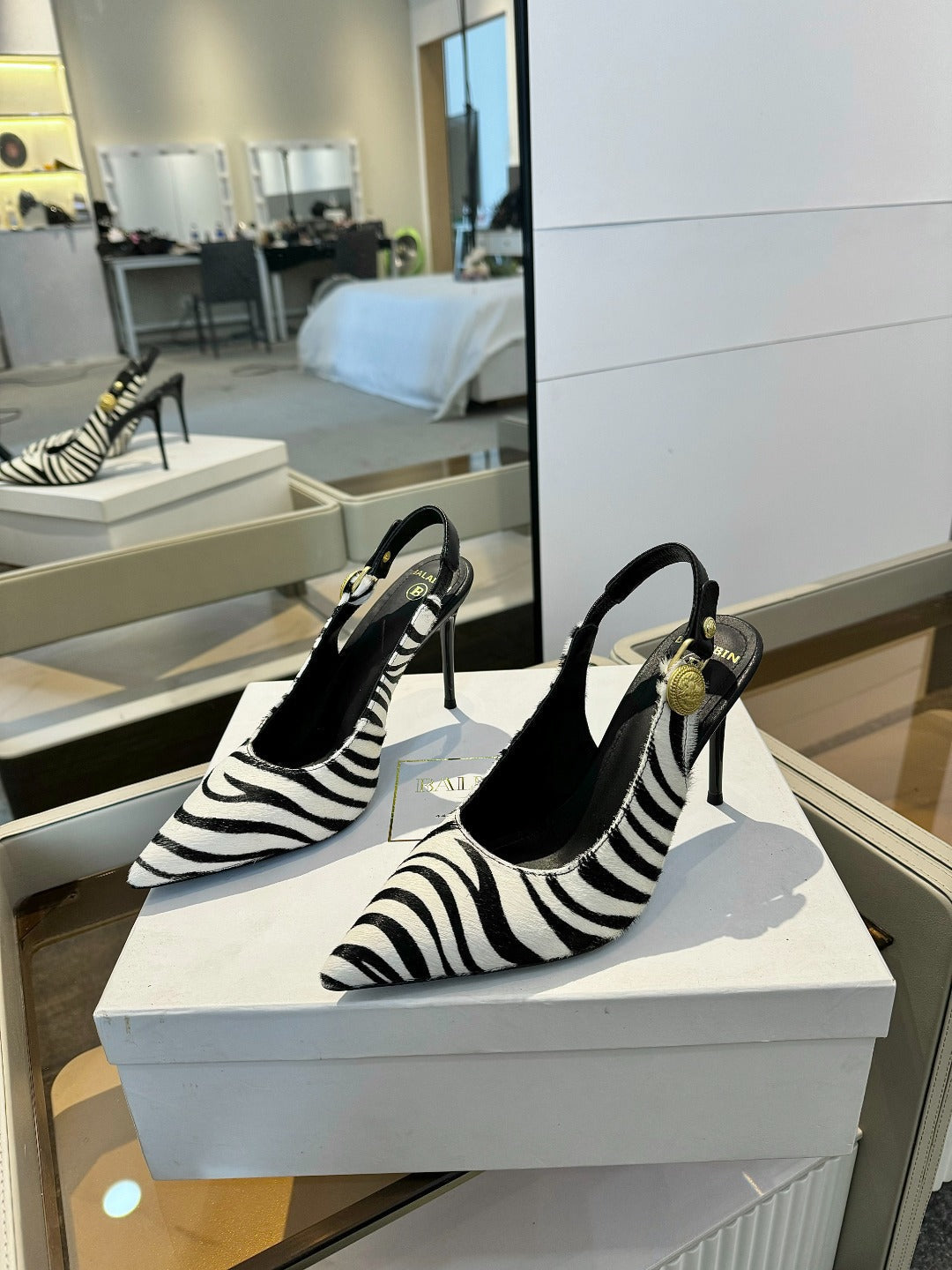 BALMAIN 25S SLINGBACK EVA 95MM IN WHITE AND BLACK ZEBRA PRINT CALFSKIN - 36