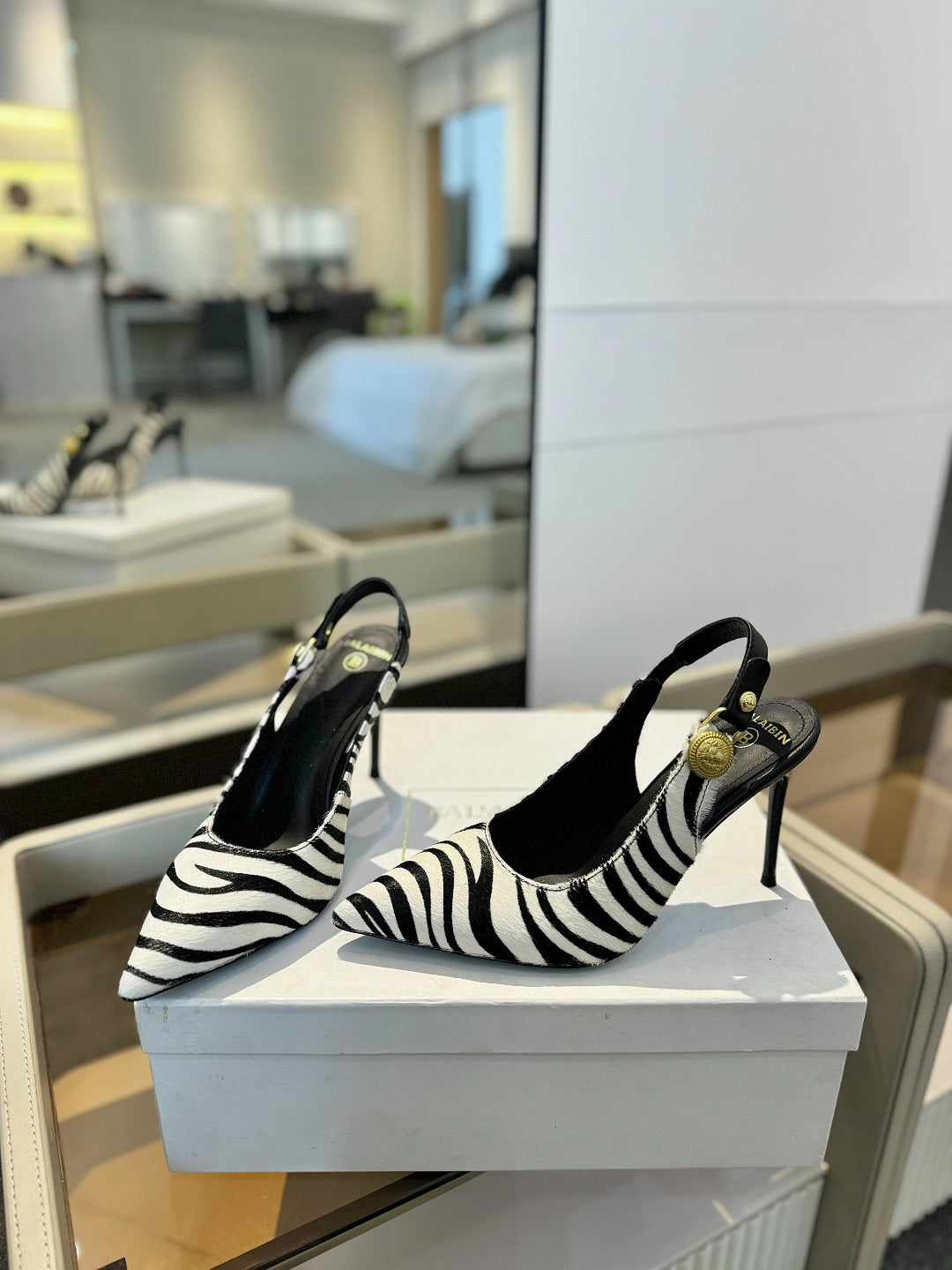 BALMAIN 25S SLINGBACK EVA 95MM IN WHITE AND BLACK ZEBRA PRINT CALFSKIN - 36