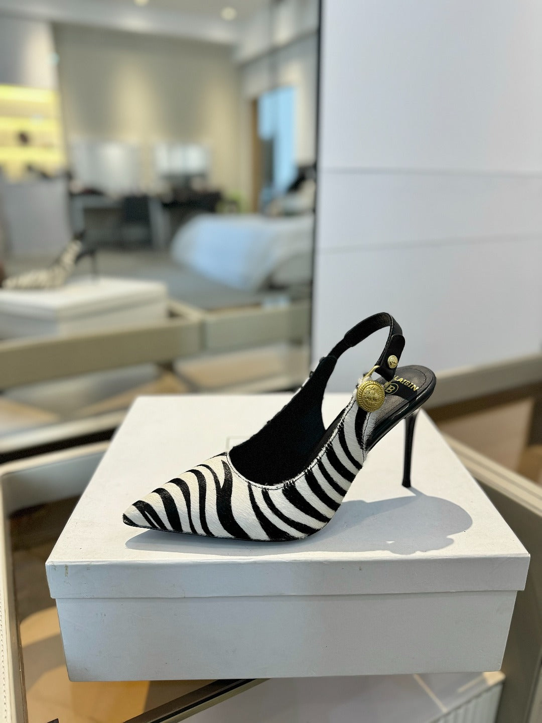 BALMAIN 25S SLINGBACK EVA 95MM IN WHITE AND BLACK ZEBRA PRINT CALFSKIN - 36