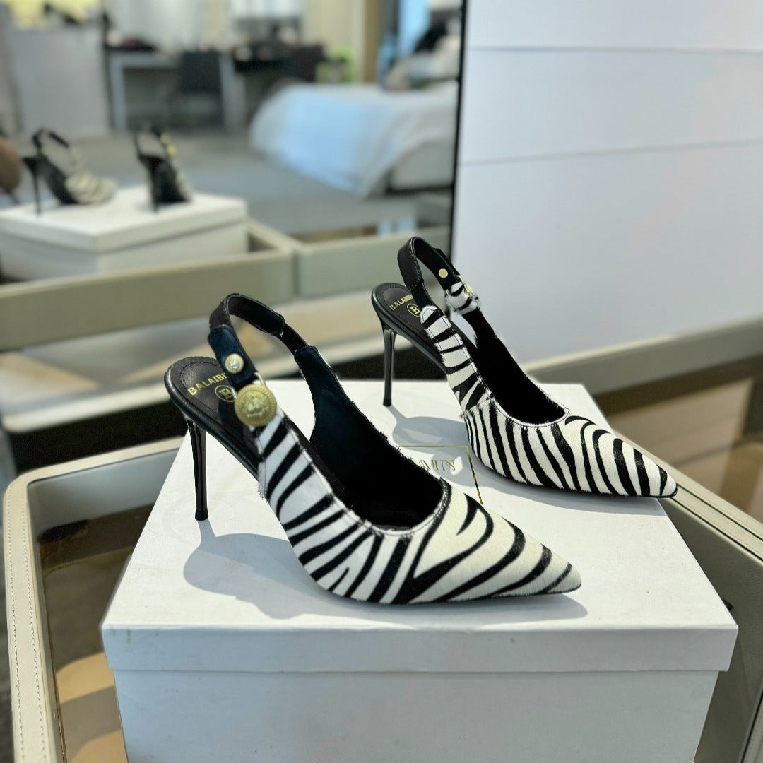 BALMAIN 25S SLINGBACK EVA 95MM IN WHITE AND BLACK ZEBRA PRINT CALFSKIN - 36