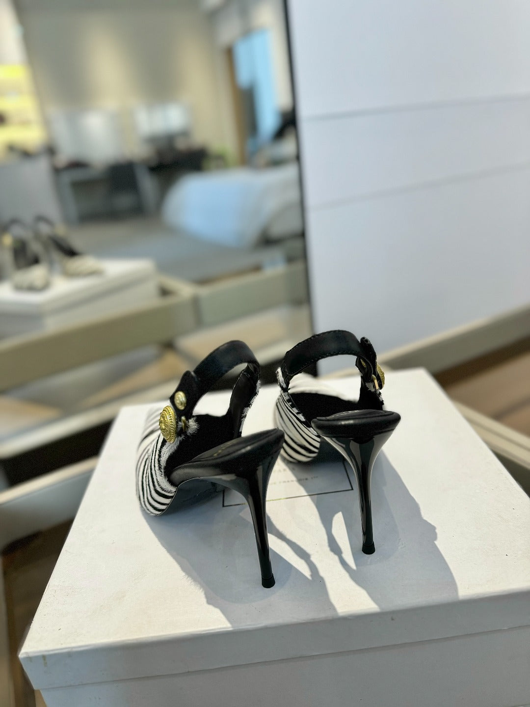 BALMAIN 25S SLINGBACK EVA 95MM IN WHITE AND BLACK ZEBRA PRINT CALFSKIN - 36