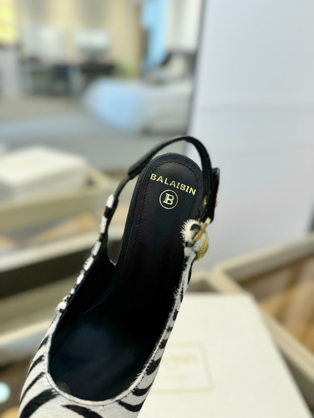 BALMAIN 25S SLINGBACK EVA 95MM IN WHITE AND BLACK ZEBRA PRINT CALFSKIN - 36