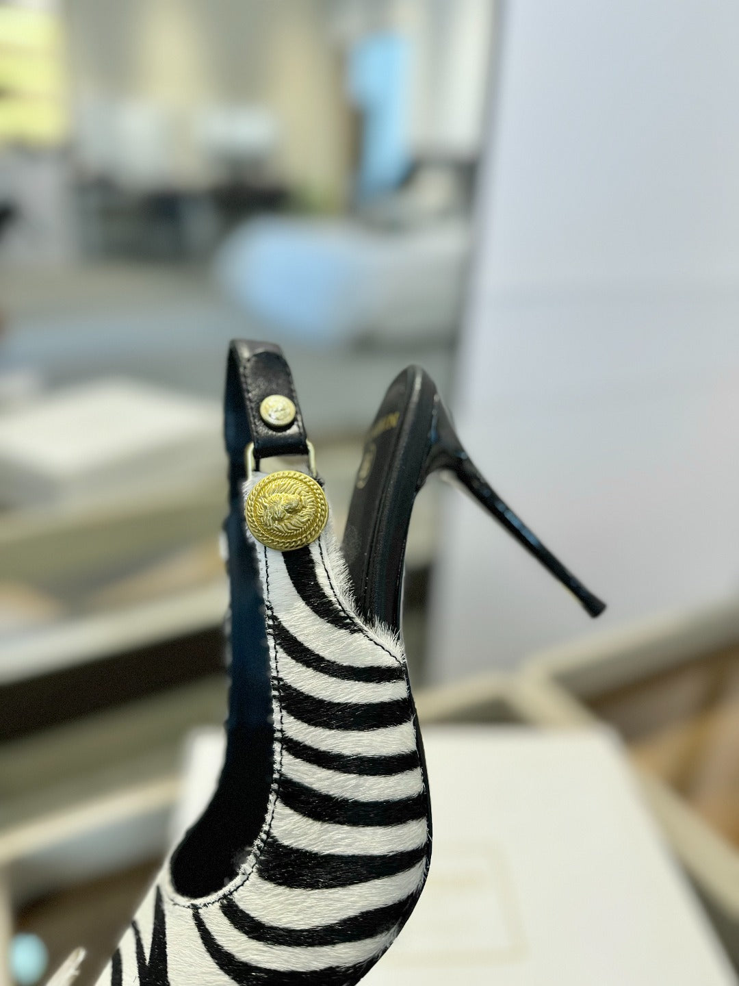 BALMAIN 25S SLINGBACK EVA 95MM IN WHITE AND BLACK ZEBRA PRINT CALFSKIN - 36