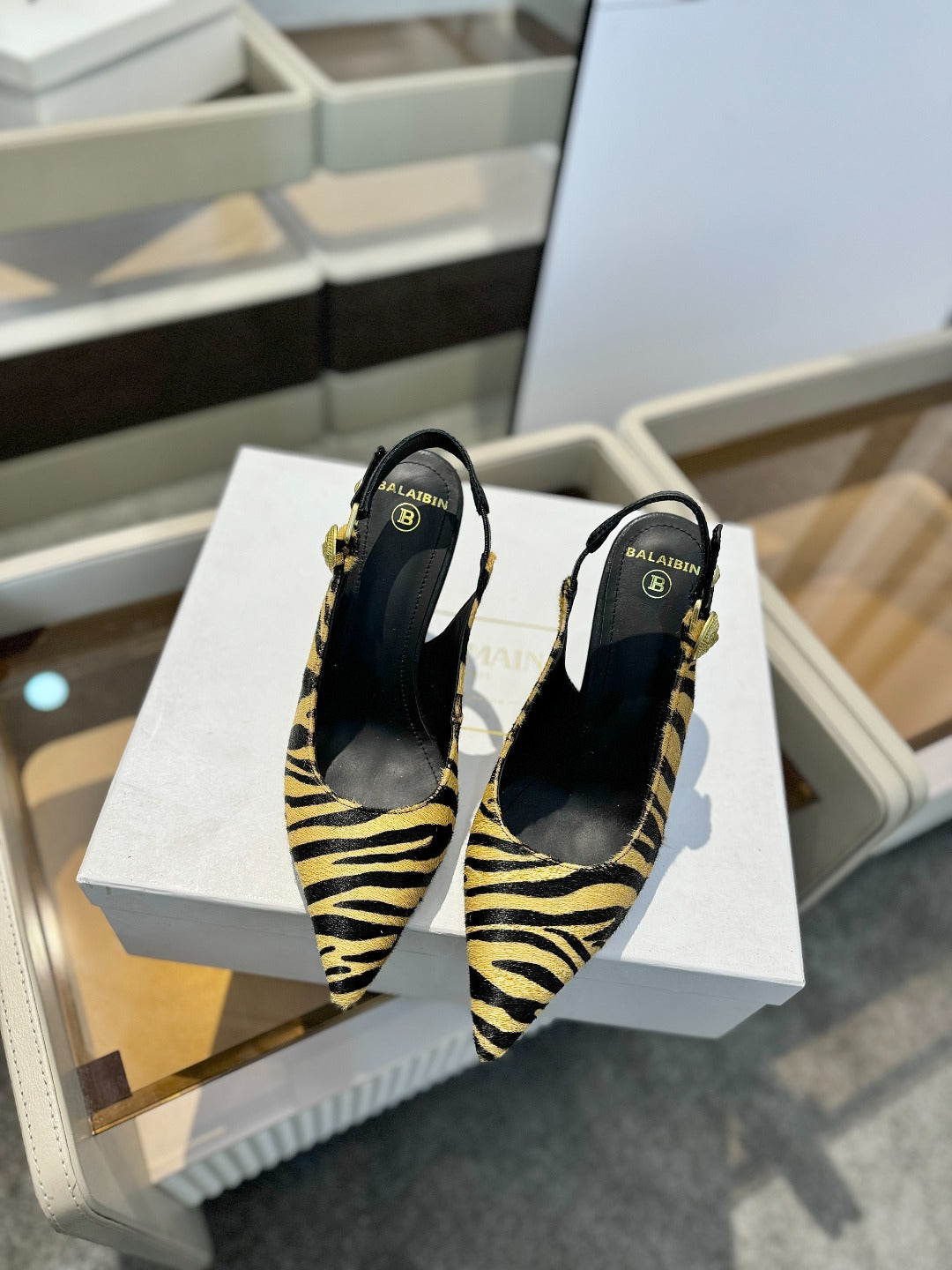 BALMAIN 25S SLINGBACK EVA 95MM IN YELLOW AND BLACK ZEBRA PRINT CALFSKIN - 36