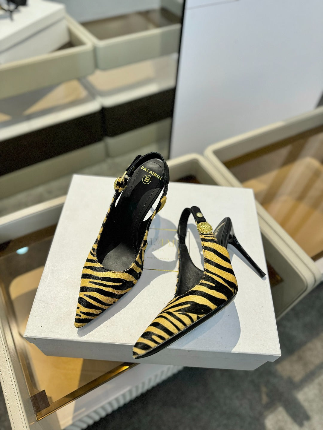 BALMAIN 25S SLINGBACK EVA 95MM IN YELLOW AND BLACK ZEBRA PRINT CALFSKIN - 36