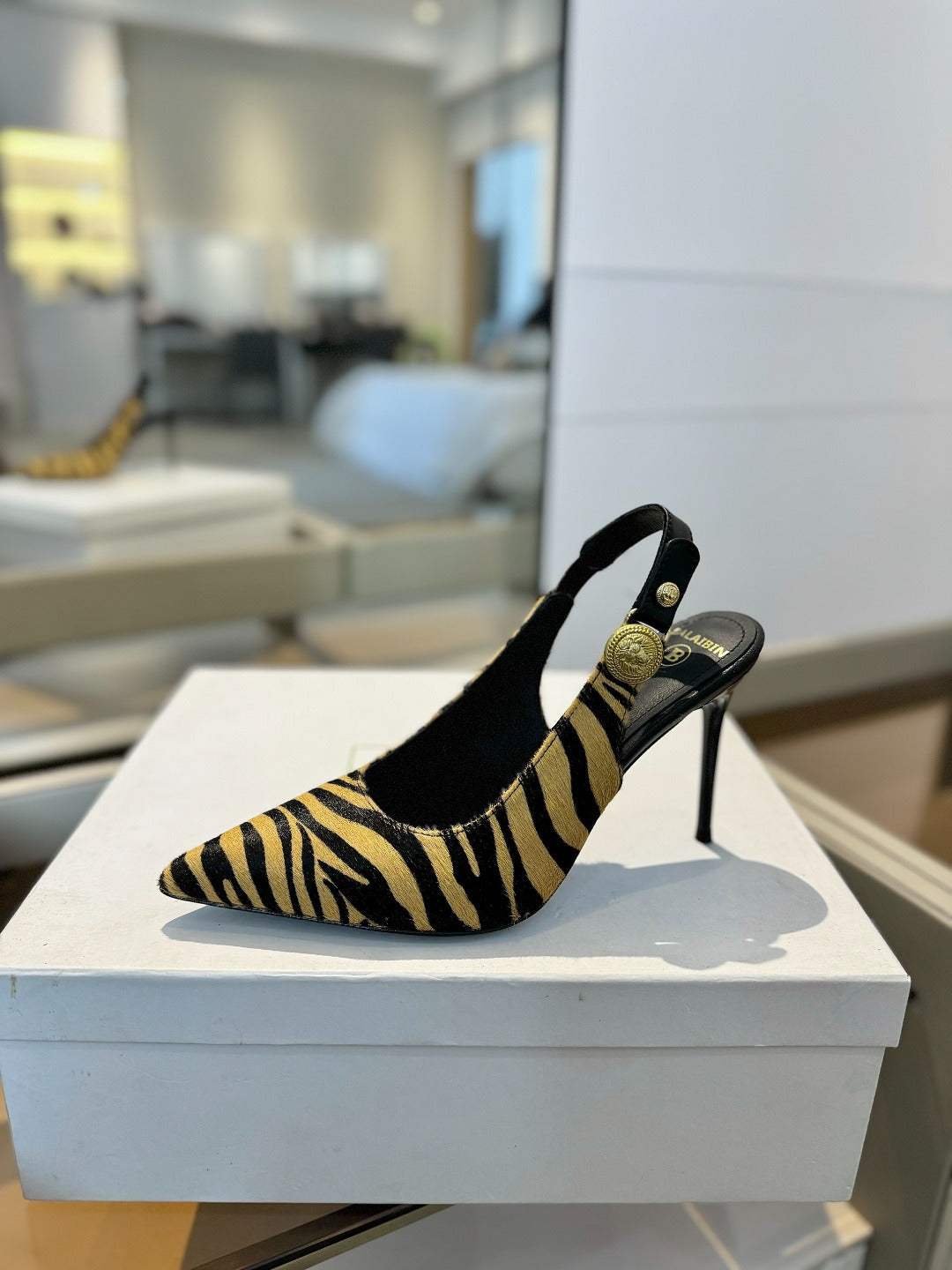 BALMAIN 25S SLINGBACK EVA 95MM IN YELLOW AND BLACK ZEBRA PRINT CALFSKIN - 36