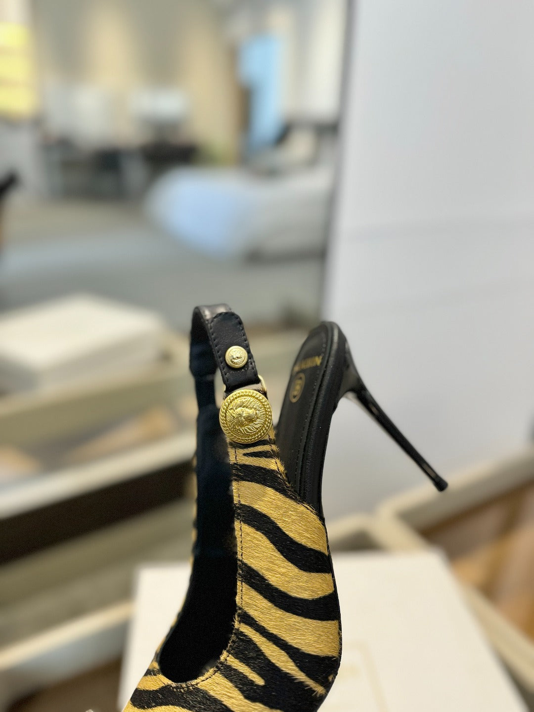 BALMAIN 25S SLINGBACK EVA 95MM IN YELLOW AND BLACK ZEBRA PRINT CALFSKIN - 36