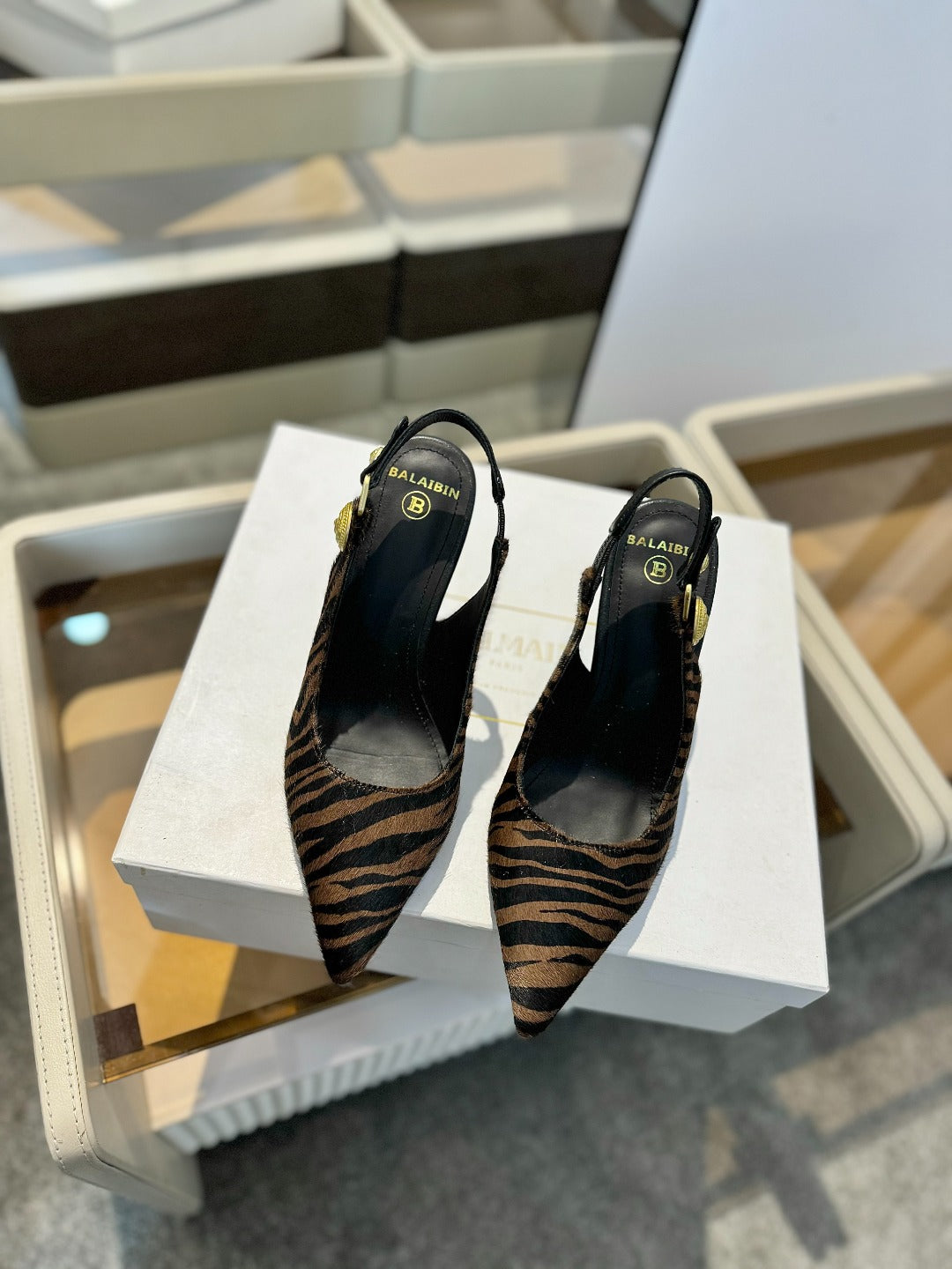 BALMAIN 25S SLINGBACK EVA 95MM IN BROWN AND BLACK ZEBRA PRINT CALFSKIN - 36