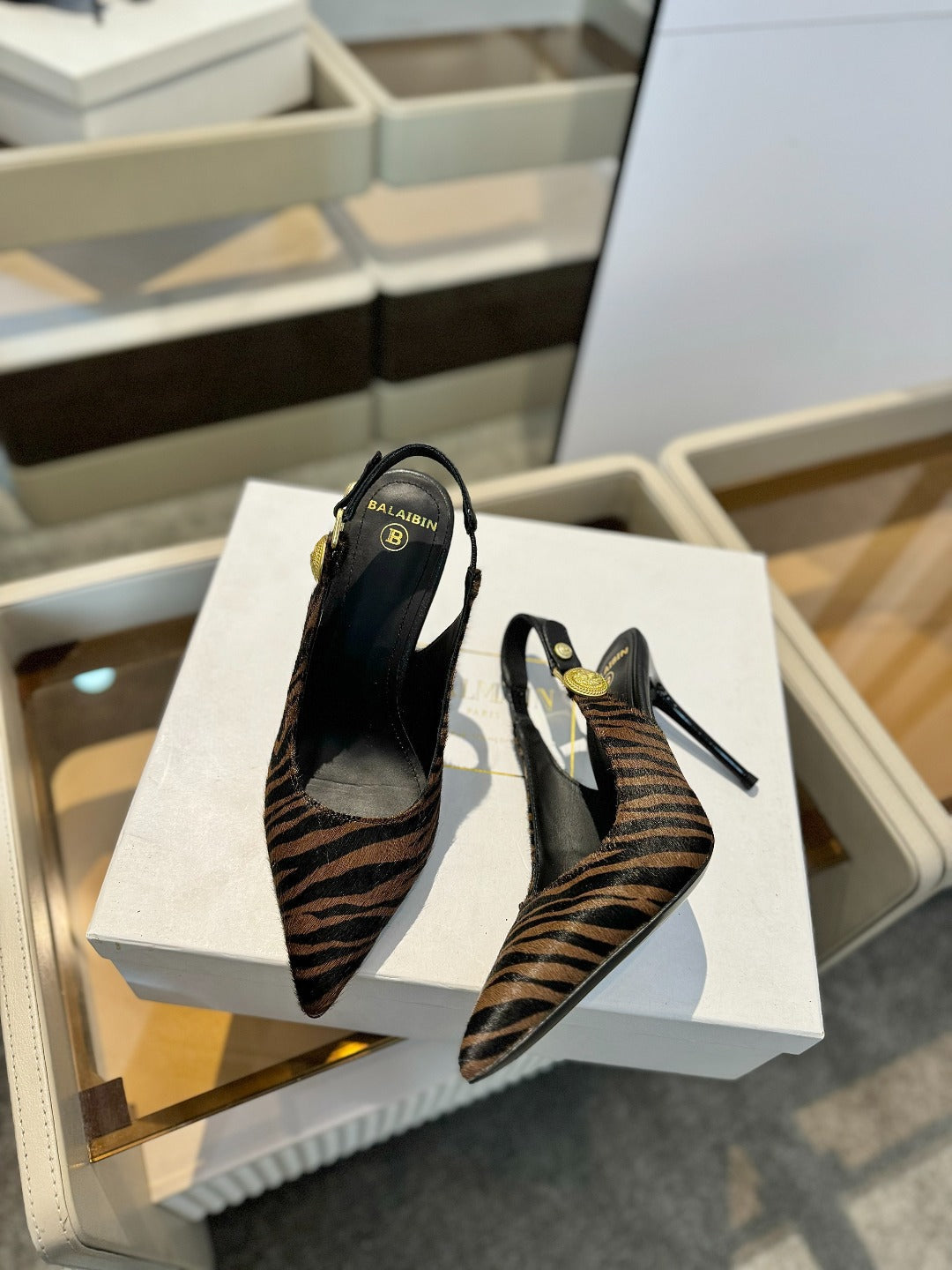 BALMAIN 25S SLINGBACK EVA 95MM IN BROWN AND BLACK ZEBRA PRINT CALFSKIN - 36