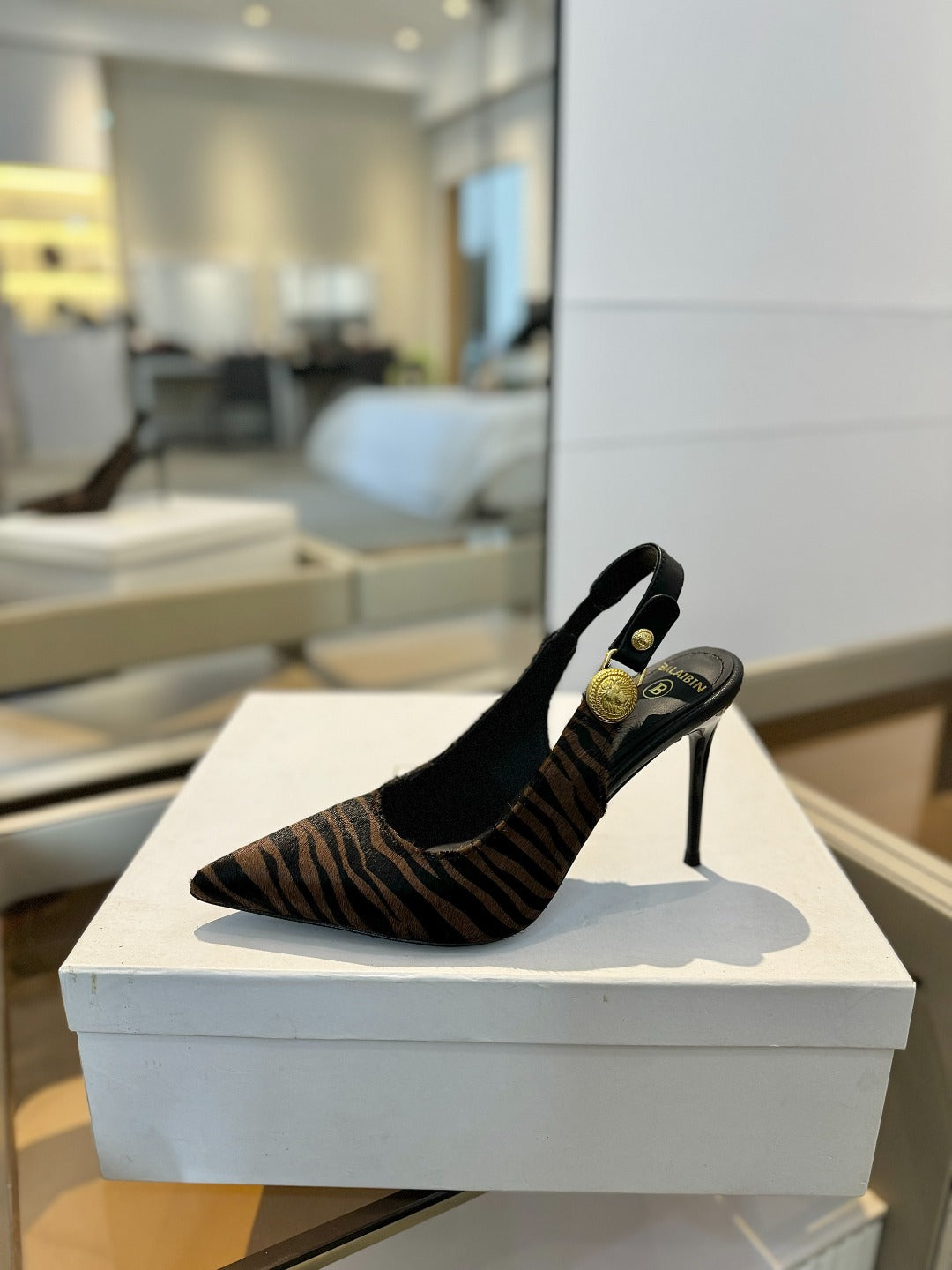 BALMAIN 25S SLINGBACK EVA 95MM IN BROWN AND BLACK ZEBRA PRINT CALFSKIN - 36