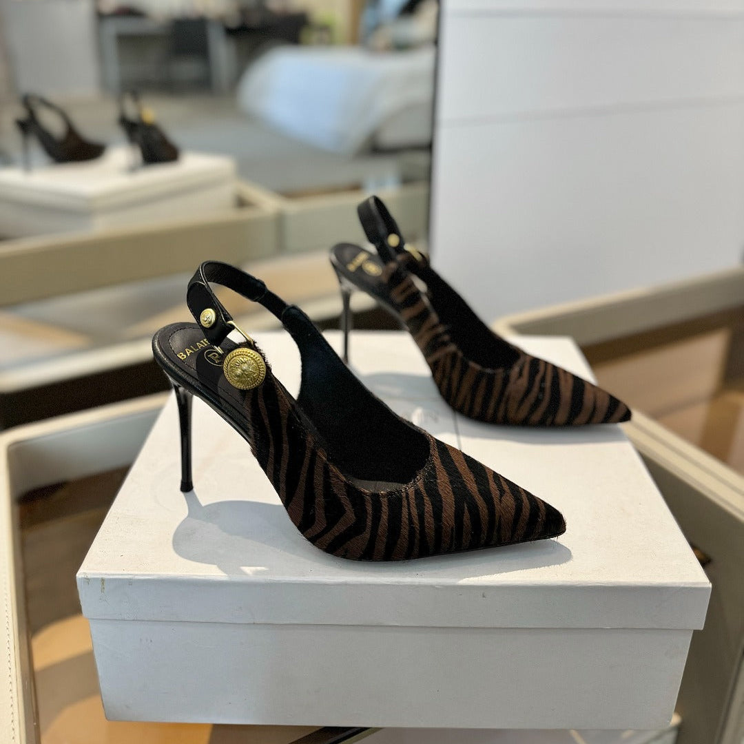 BALMAIN 25S SLINGBACK EVA 95MM IN BROWN AND BLACK ZEBRA PRINT CALFSKIN - 36