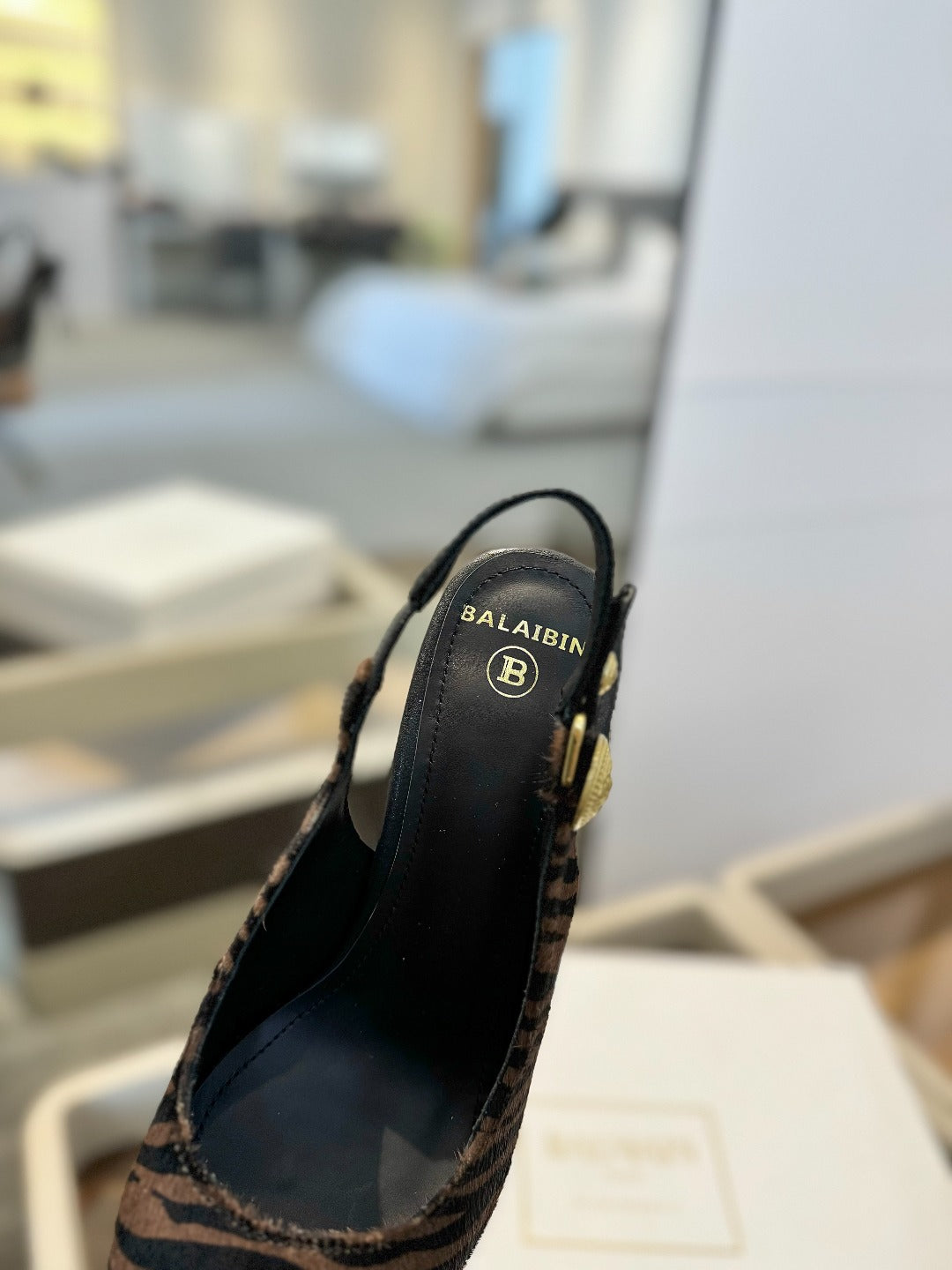 BALMAIN 25S SLINGBACK EVA 95MM IN BROWN AND BLACK ZEBRA PRINT CALFSKIN - 36