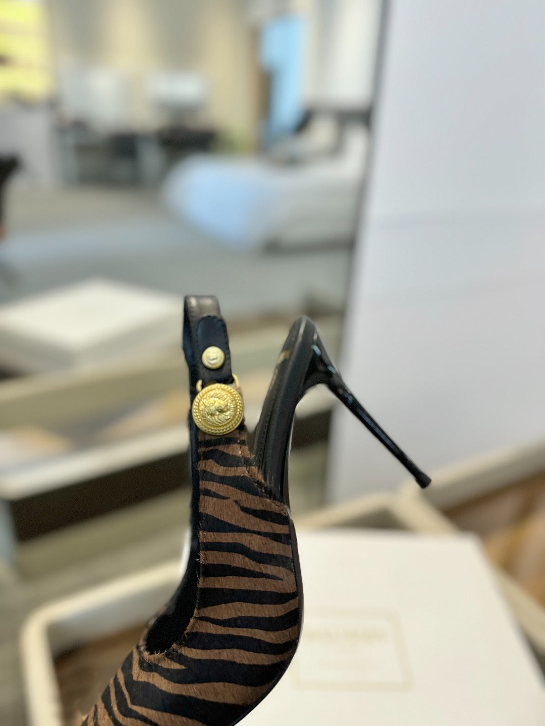 BALMAIN 25S SLINGBACK EVA 95MM IN BROWN AND BLACK ZEBRA PRINT CALFSKIN - 36