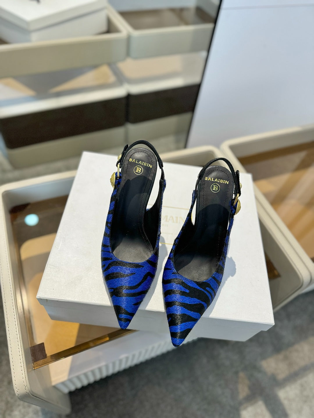 BALMAIN 25S SLINGBACK EVA 95MM IN BLUE AND BLACK ZEBRA PRINT CALFSKIN - 36