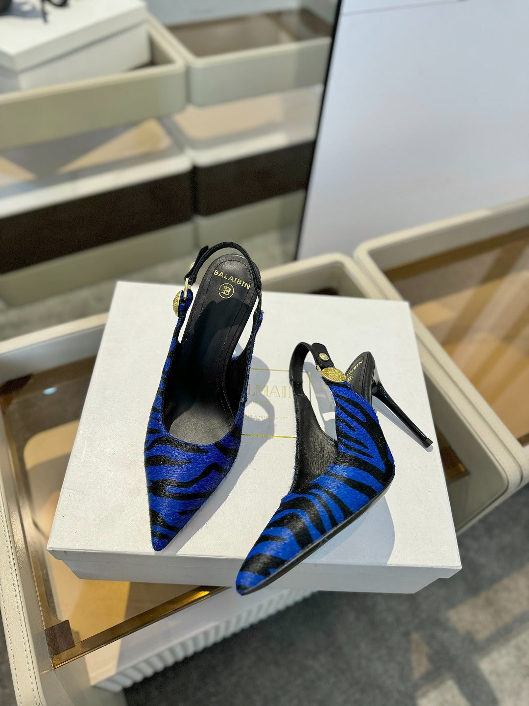 BALMAIN 25S SLINGBACK EVA 95MM IN BLUE AND BLACK ZEBRA PRINT CALFSKIN - 36