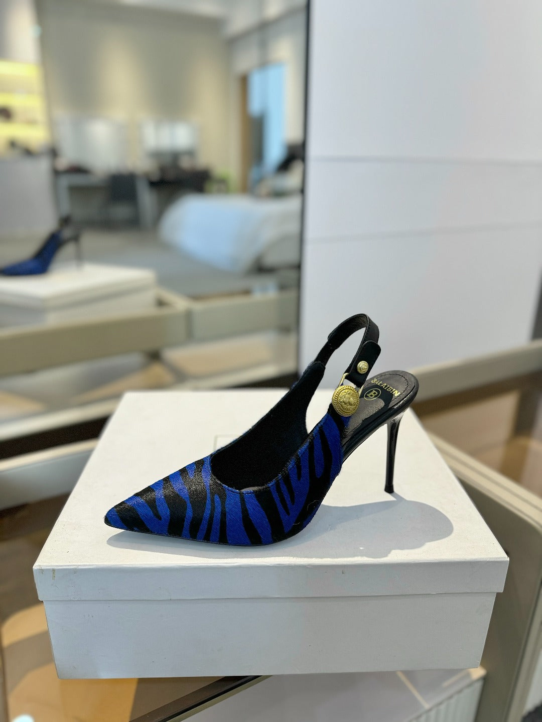 BALMAIN 25S SLINGBACK EVA 95MM IN BLUE AND BLACK ZEBRA PRINT CALFSKIN - 36