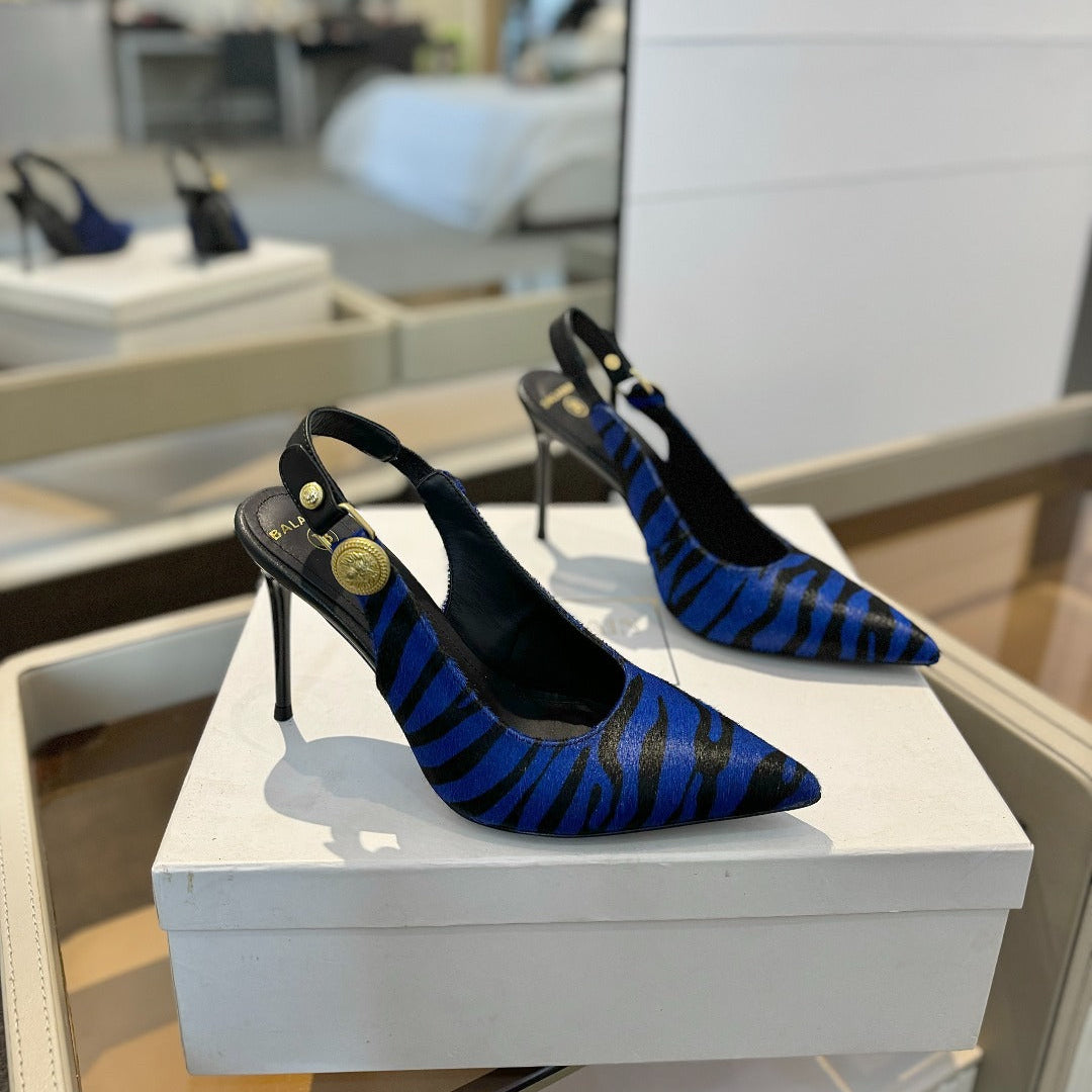 BALMAIN 25S SLINGBACK EVA 95MM IN BLUE AND BLACK ZEBRA PRINT CALFSKIN - 36