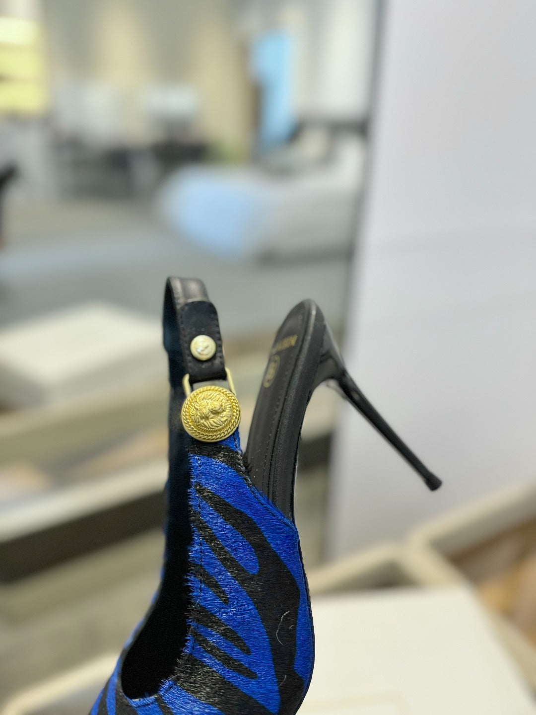 BALMAIN 25S SLINGBACK EVA 95MM IN BLUE AND BLACK ZEBRA PRINT CALFSKIN - 36