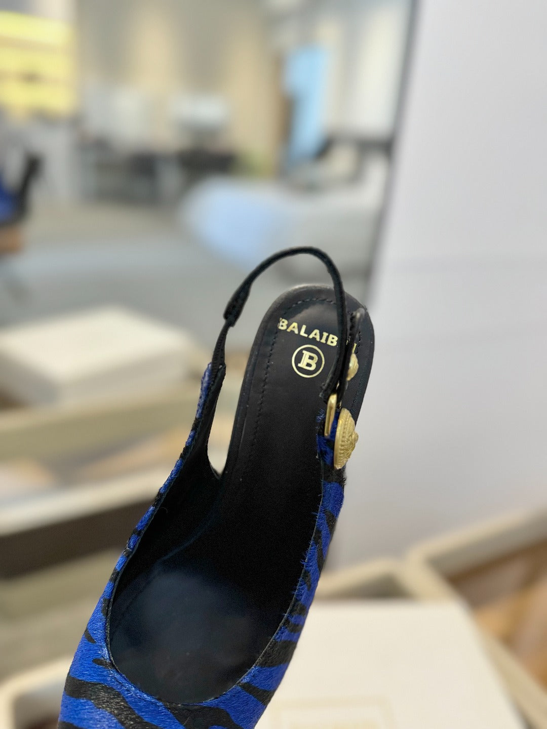 BALMAIN 25S SLINGBACK EVA 95MM IN BLUE AND BLACK ZEBRA PRINT CALFSKIN - 36