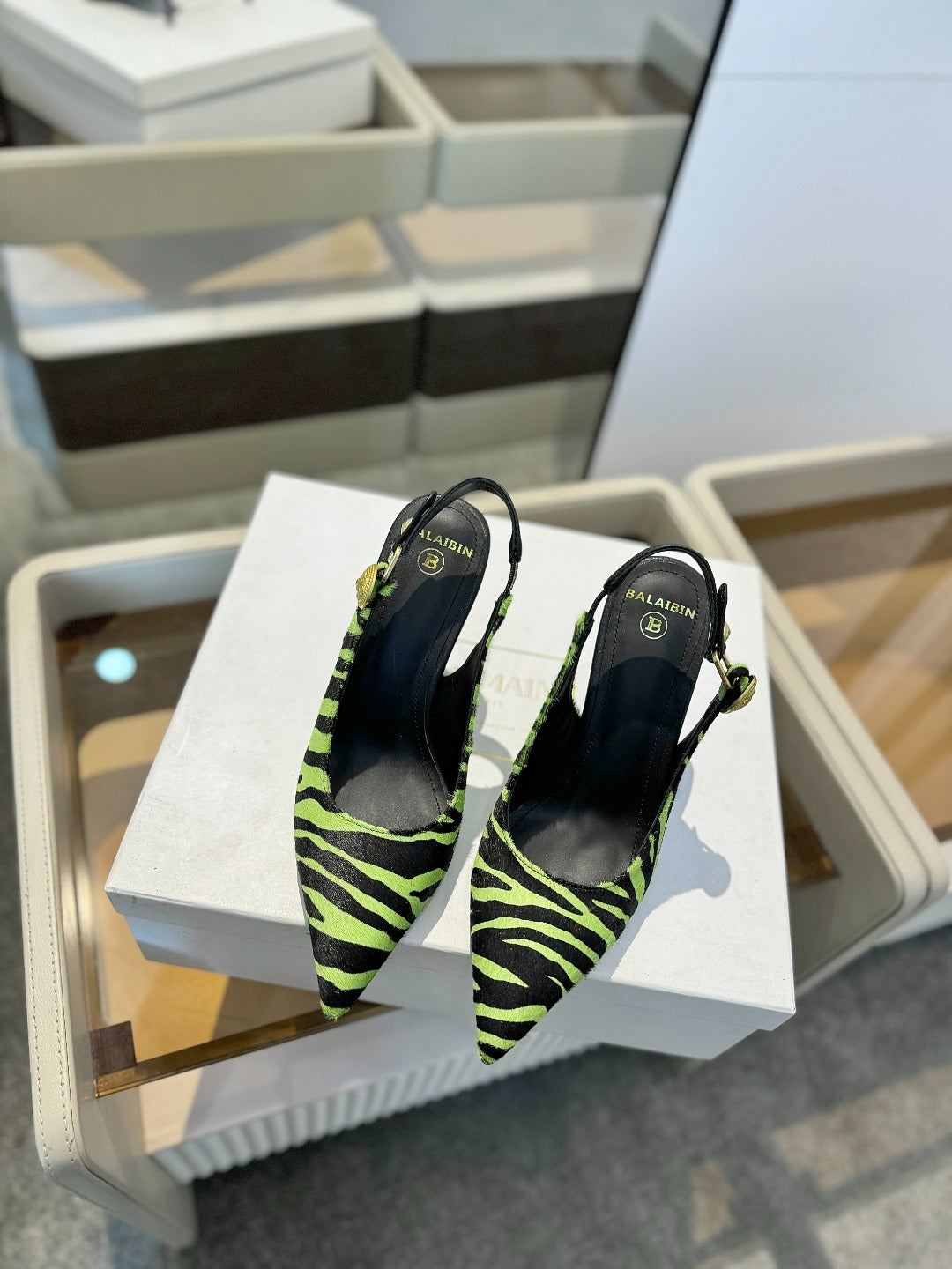 BALMAIN 25S SLINGBACK EVA 95MM IN GREEN AND BLACK ZEBRA PRINT CALFSKIN - 36
