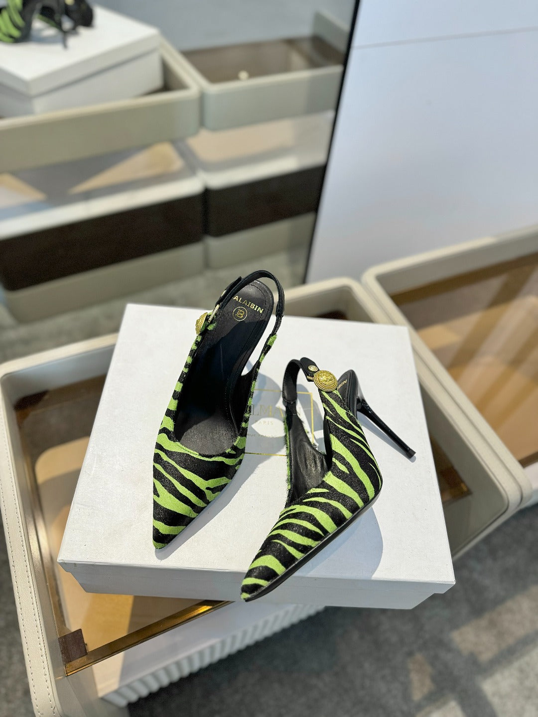 BALMAIN 25S SLINGBACK EVA 95MM IN GREEN AND BLACK ZEBRA PRINT CALFSKIN - 36
