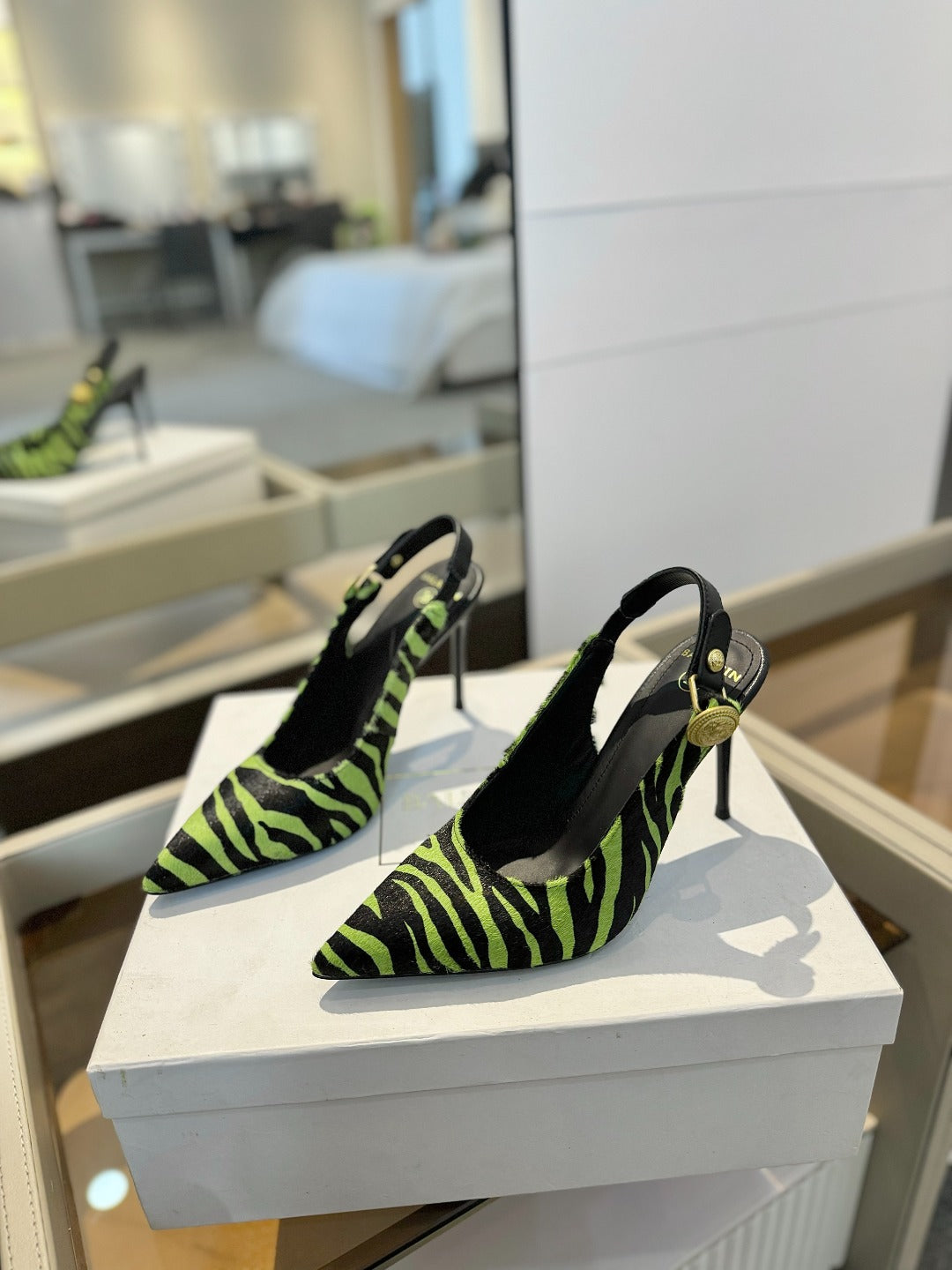 BALMAIN 25S SLINGBACK EVA 95MM IN GREEN AND BLACK ZEBRA PRINT CALFSKIN - 36