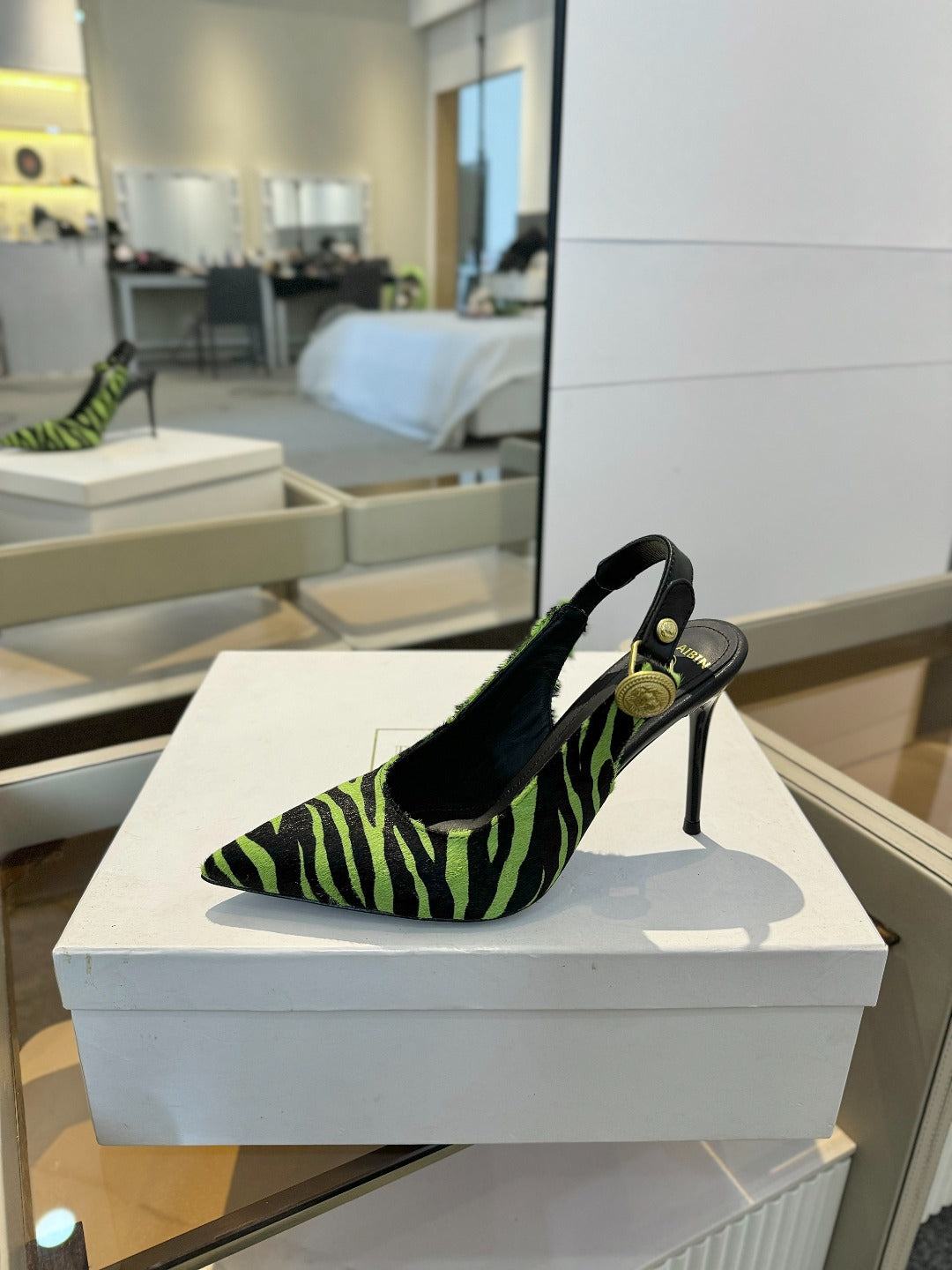 BALMAIN 25S SLINGBACK EVA 95MM IN GREEN AND BLACK ZEBRA PRINT CALFSKIN - 36
