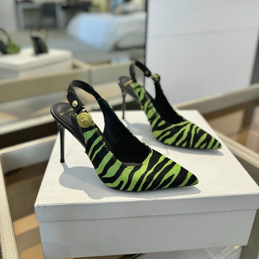 BALMAIN 25S SLINGBACK EVA 95MM IN GREEN AND BLACK ZEBRA PRINT CALFSKIN - 36