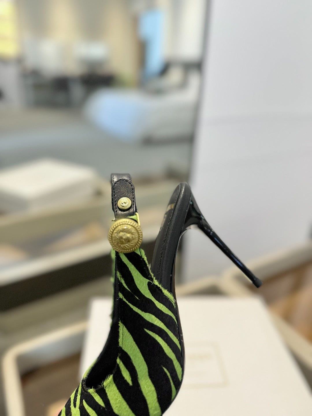 BALMAIN 25S SLINGBACK EVA 95MM IN GREEN AND BLACK ZEBRA PRINT CALFSKIN - 36