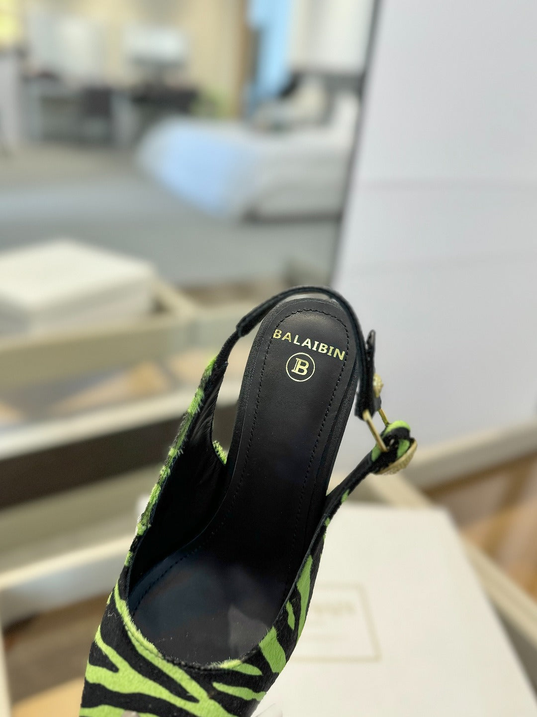 BALMAIN 25S SLINGBACK EVA 95MM IN GREEN AND BLACK ZEBRA PRINT CALFSKIN - 36