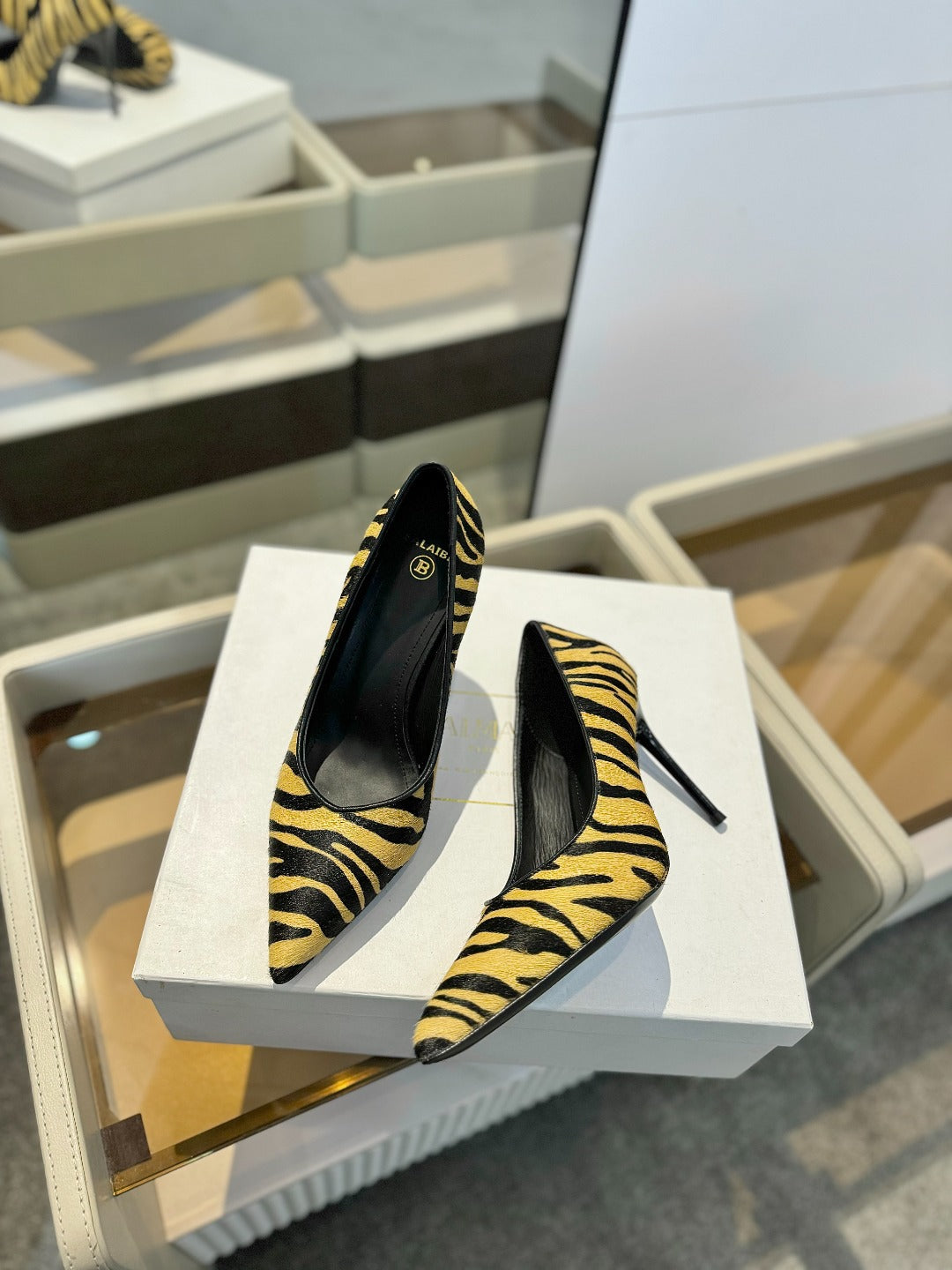 BALMAIN 25S HIGH HEELS 95MM IN YELLOW AND BLACK ZEBRA PRINT CALFSKIN - 36
