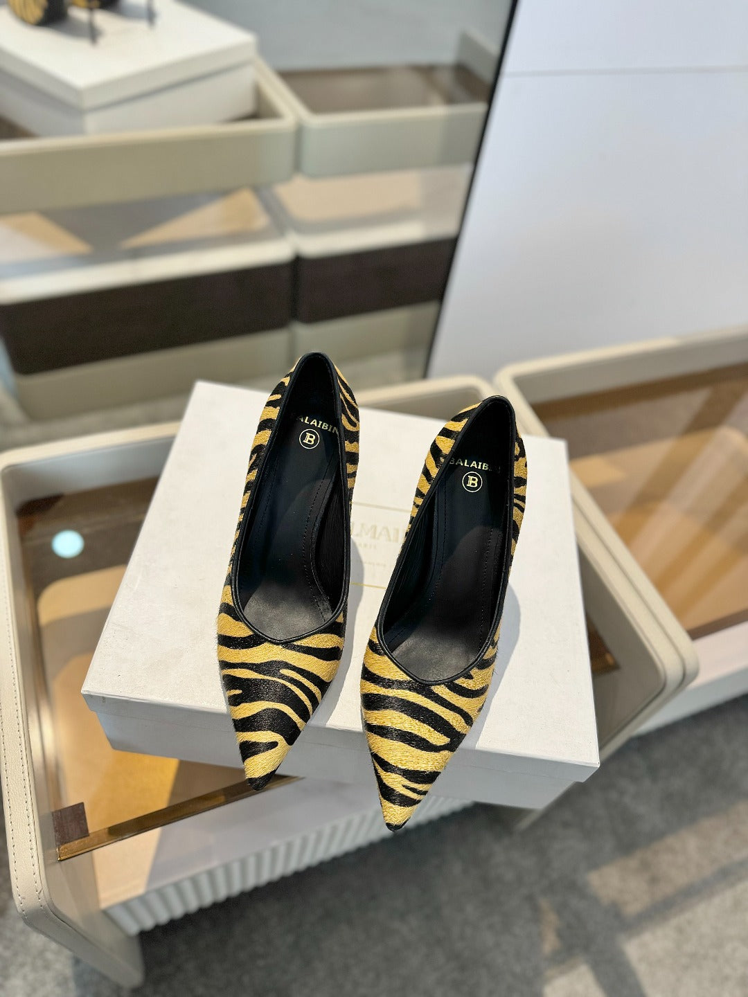 BALMAIN 25S HIGH HEELS 95MM IN YELLOW AND BLACK ZEBRA PRINT CALFSKIN - 36