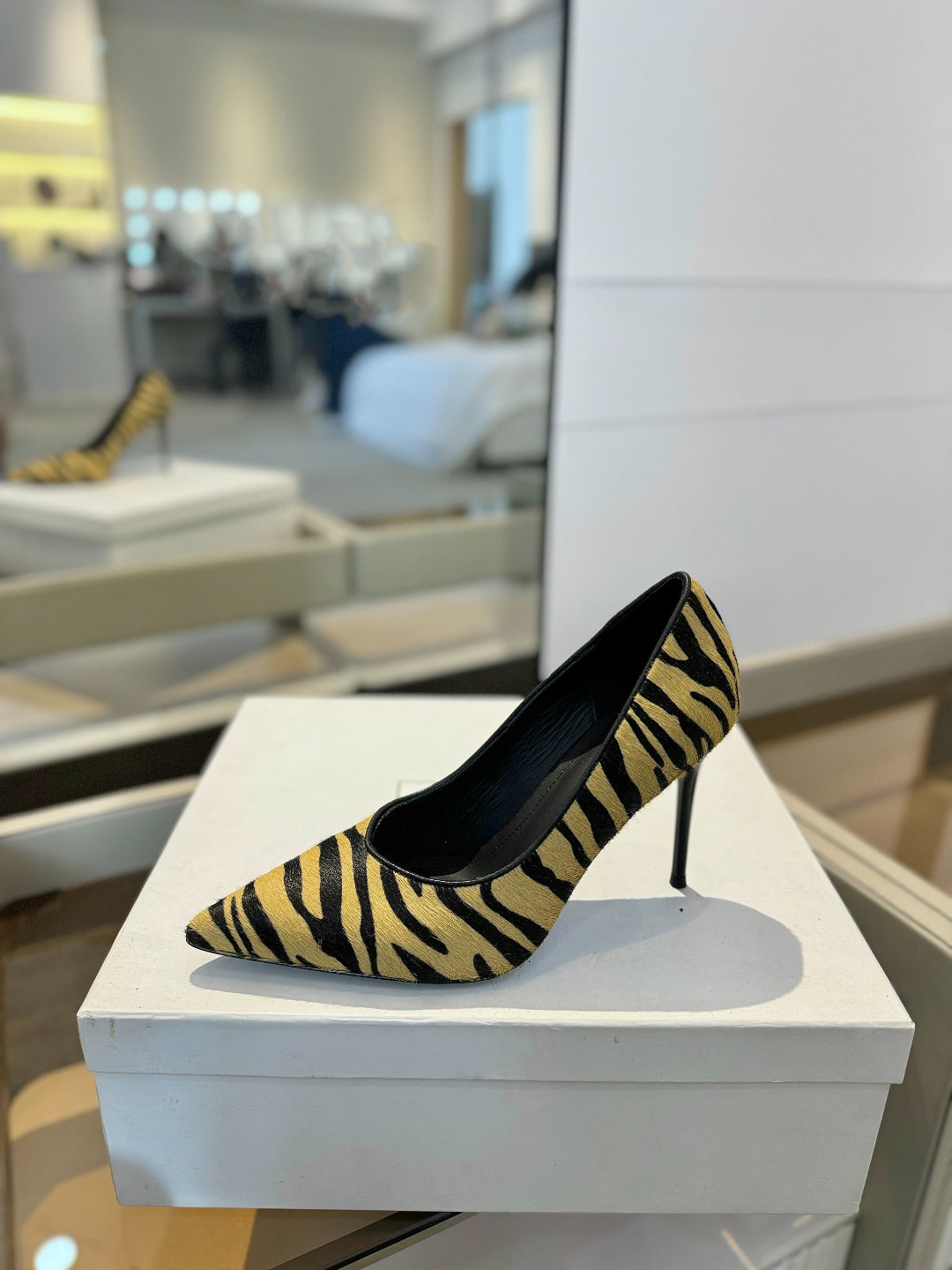 BALMAIN 25S HIGH HEELS 95MM IN YELLOW AND BLACK ZEBRA PRINT CALFSKIN - 36