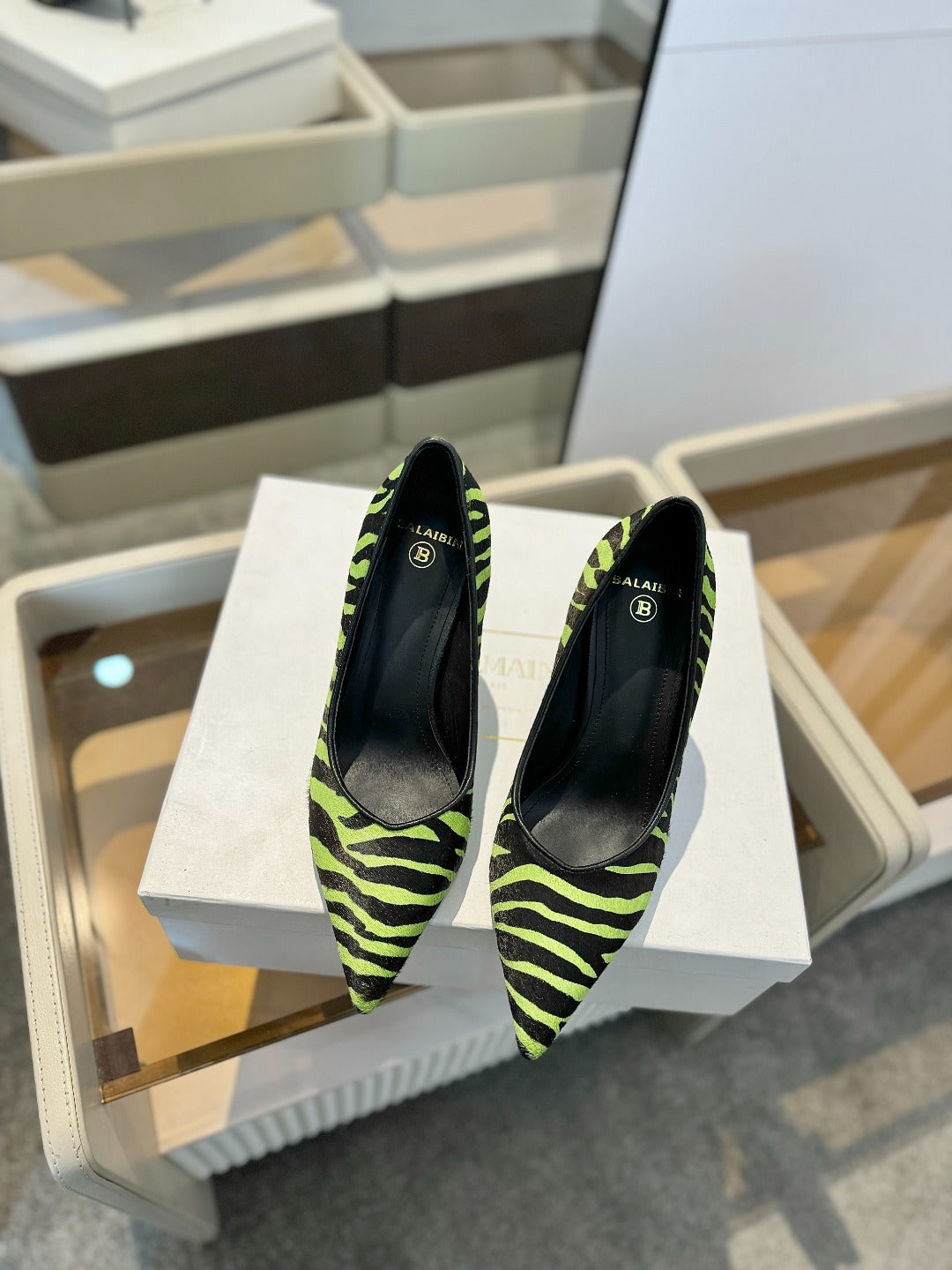 BALMAIN 25S HIGH HEELS 95MM IN GREEN AND BLACK ZEBRA PRINT CALFSKIN - 36