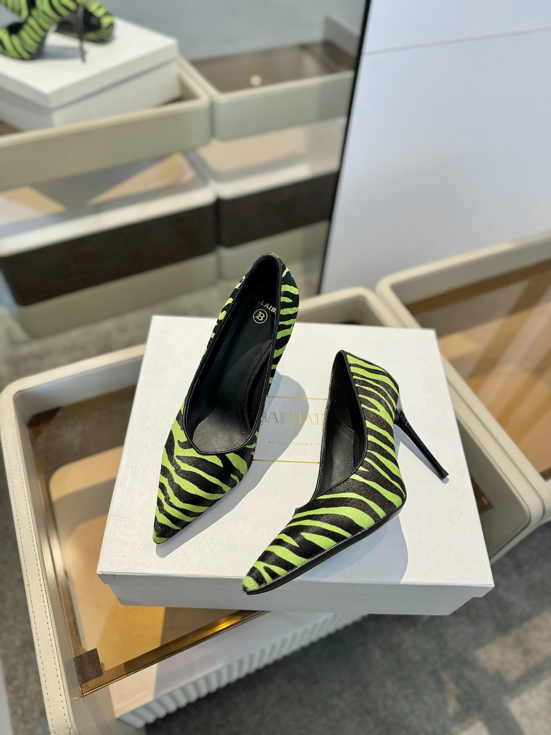 BALMAIN 25S HIGH HEELS 95MM IN GREEN AND BLACK ZEBRA PRINT CALFSKIN - 36