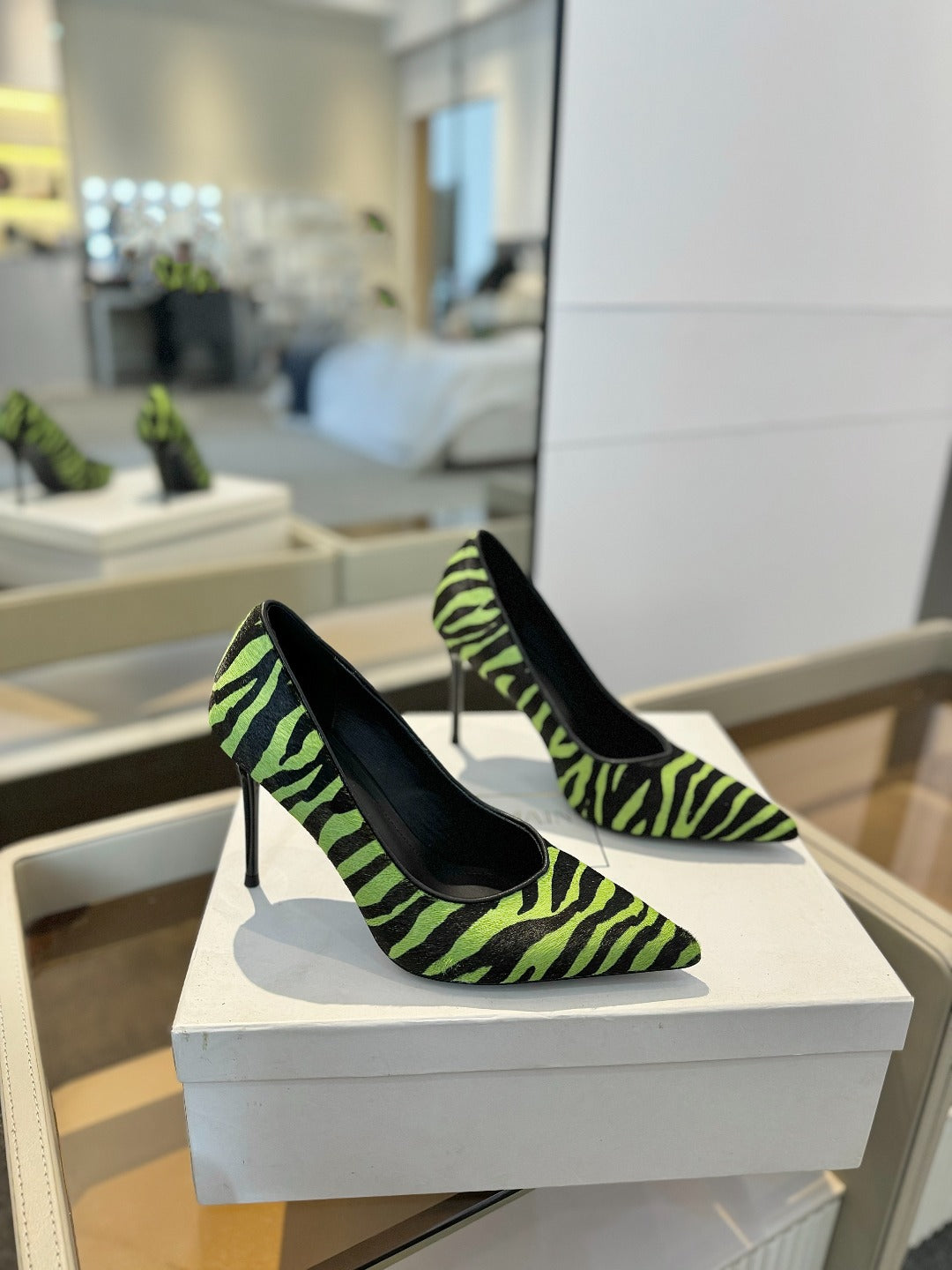 BALMAIN 25S HIGH HEELS 95MM IN GREEN AND BLACK ZEBRA PRINT CALFSKIN - 36